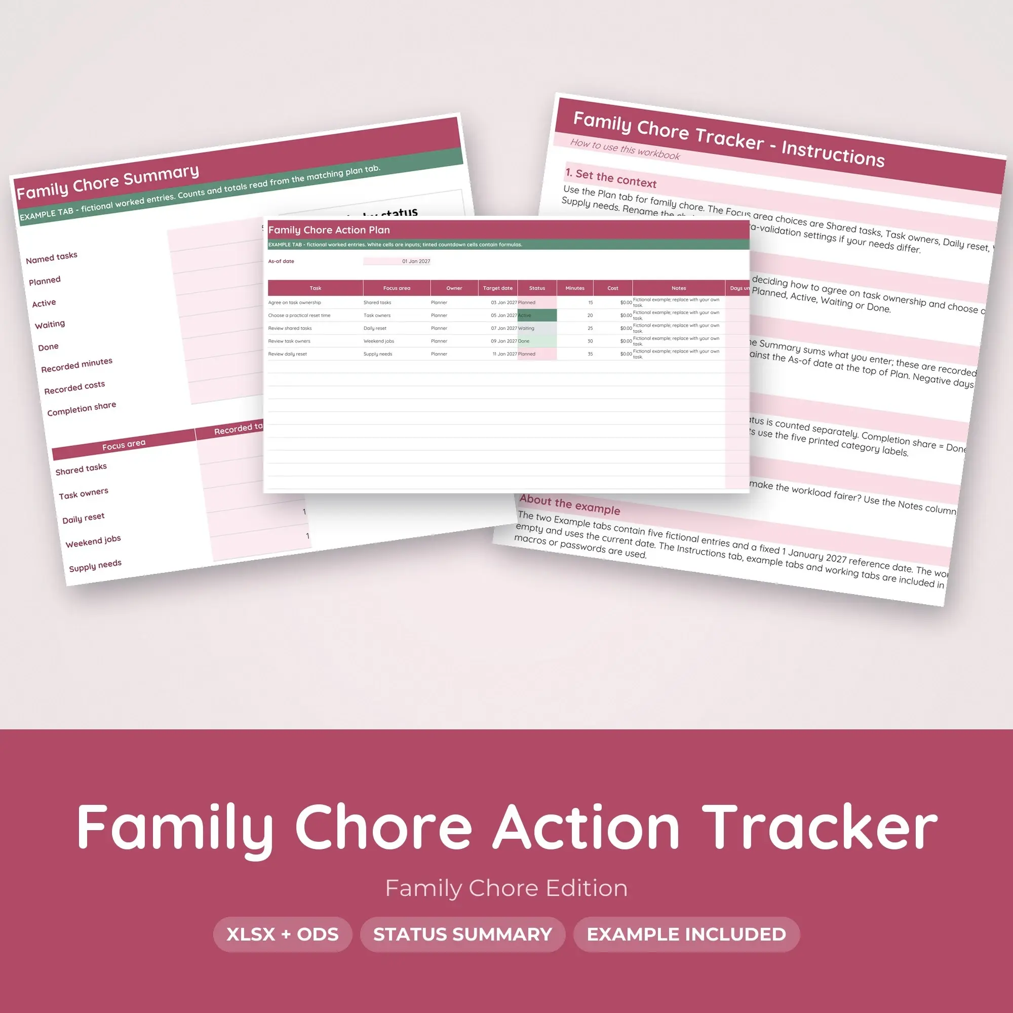 Family Chore Action Tracker Spreadsheet, XLSX + ODS preview