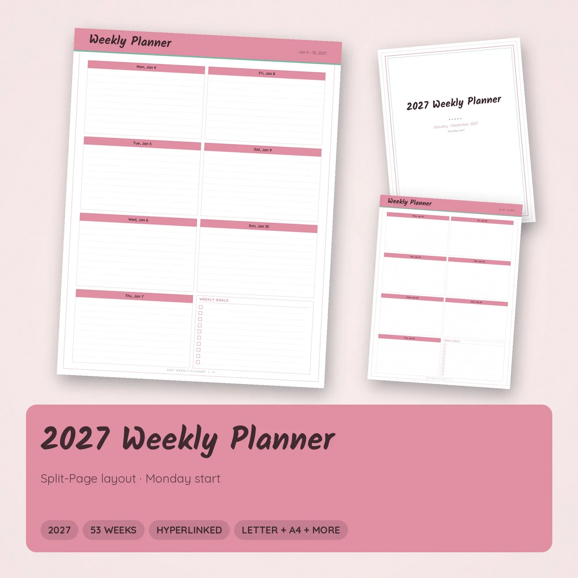 2027 Weekly Planner Hyperlinked Digital + Printable PDF, Blush preview