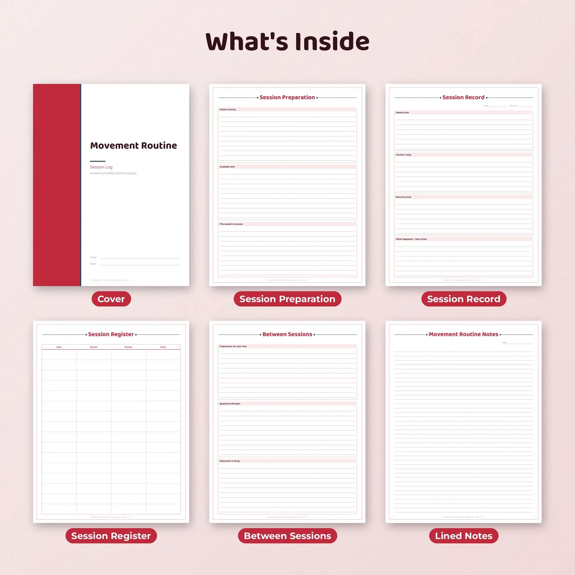 Movement Routine Session Log Planner PDF - Cherry, preview 2 of 2