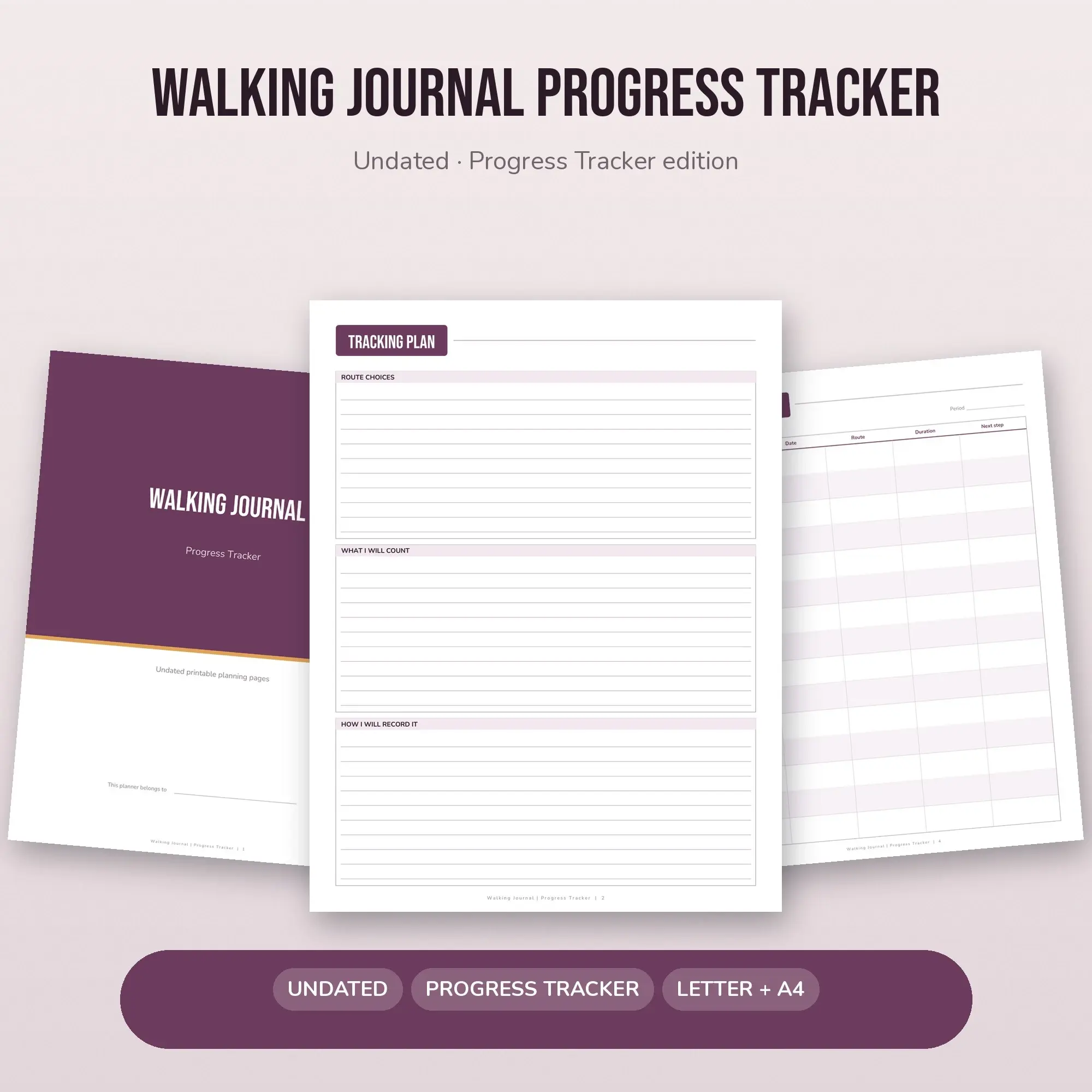 Walking Journal Progress Tracker Planner PDF - Plum preview