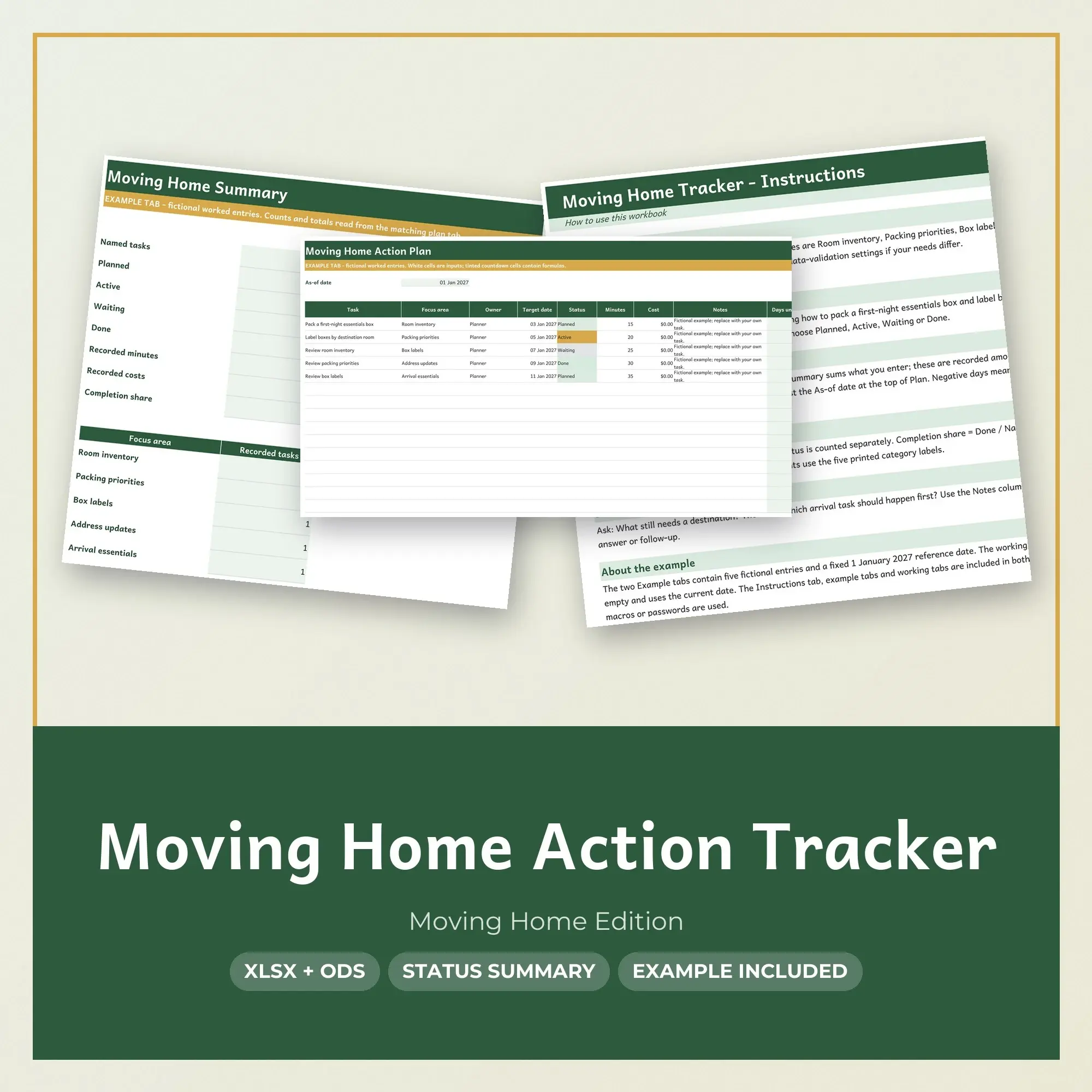 Moving Home Action Tracker Spreadsheet, XLSX + ODS preview