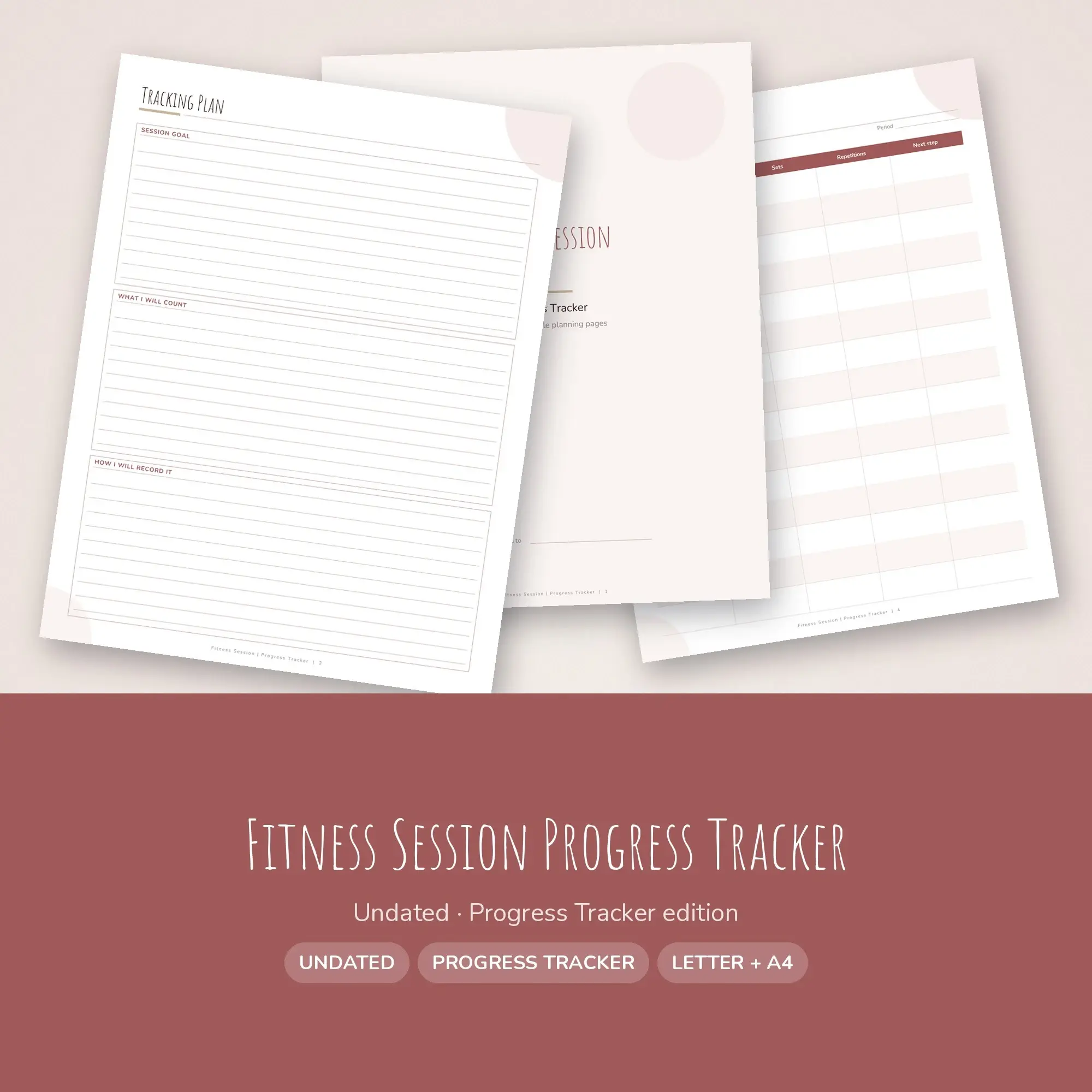 Fitness Session Progress Tracker Planner PDF - Rosewood preview
