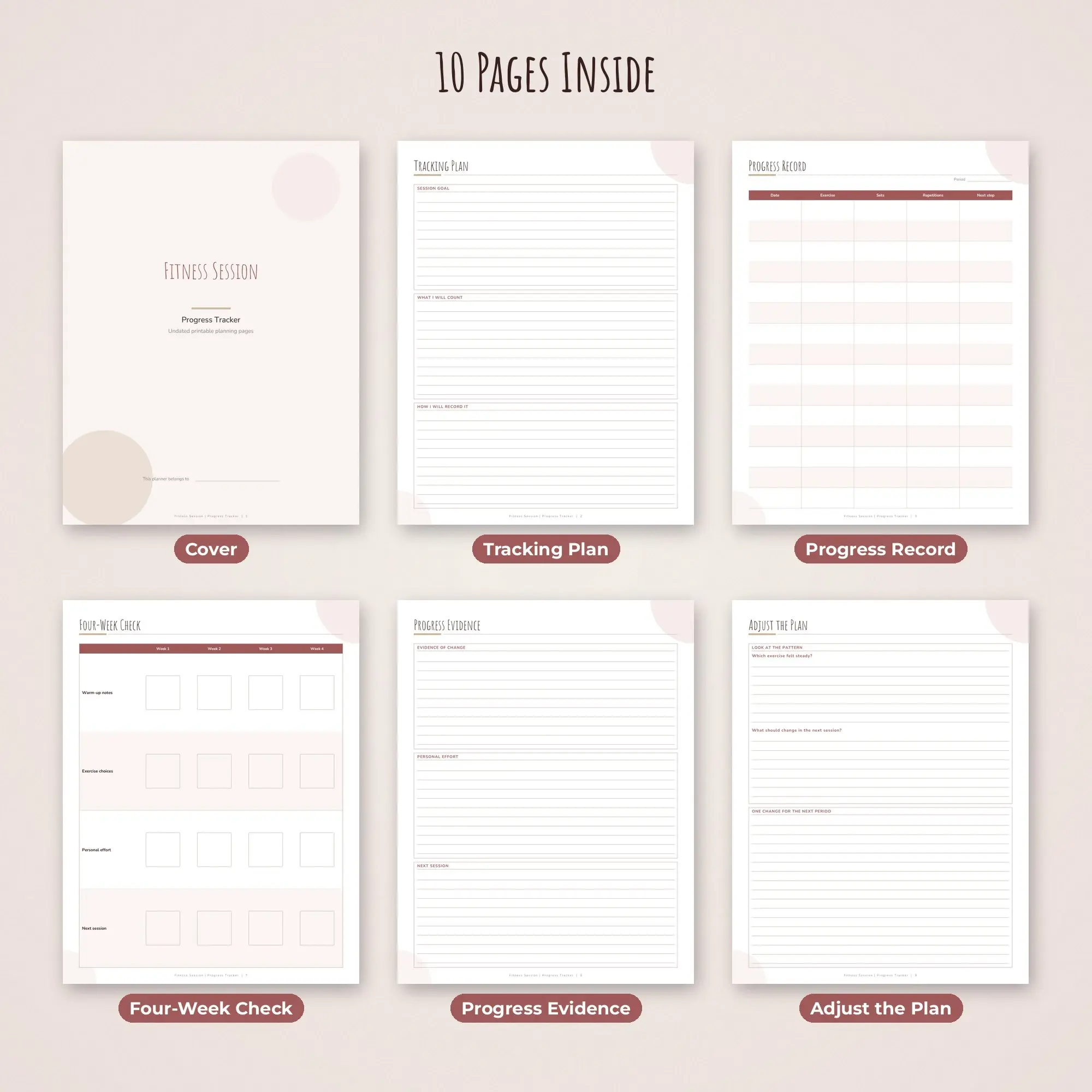 Fitness Session Progress Tracker Planner PDF - Rosewood, preview 2 of 2