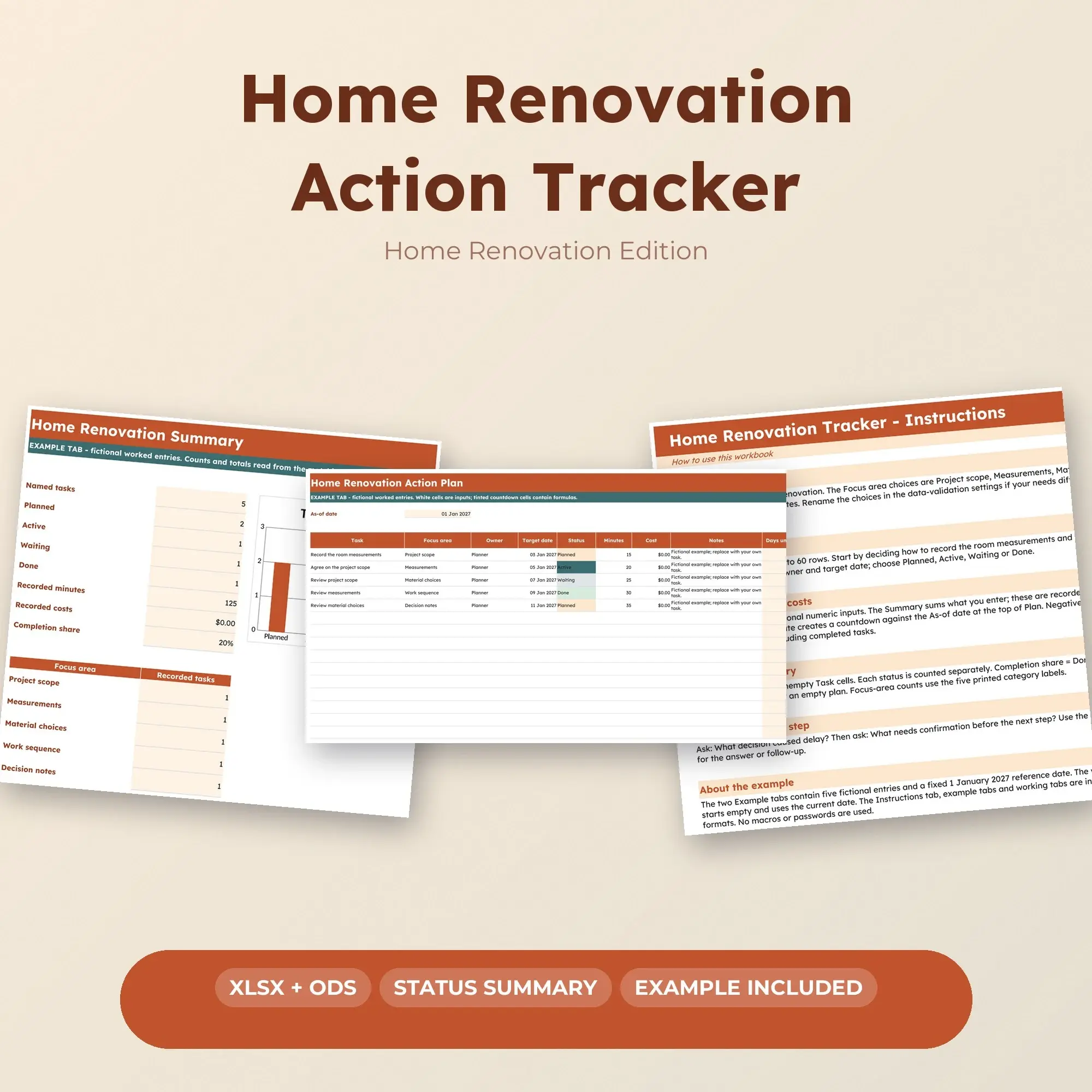 Home Renovation Action Tracker Spreadsheet, XLSX + ODS preview