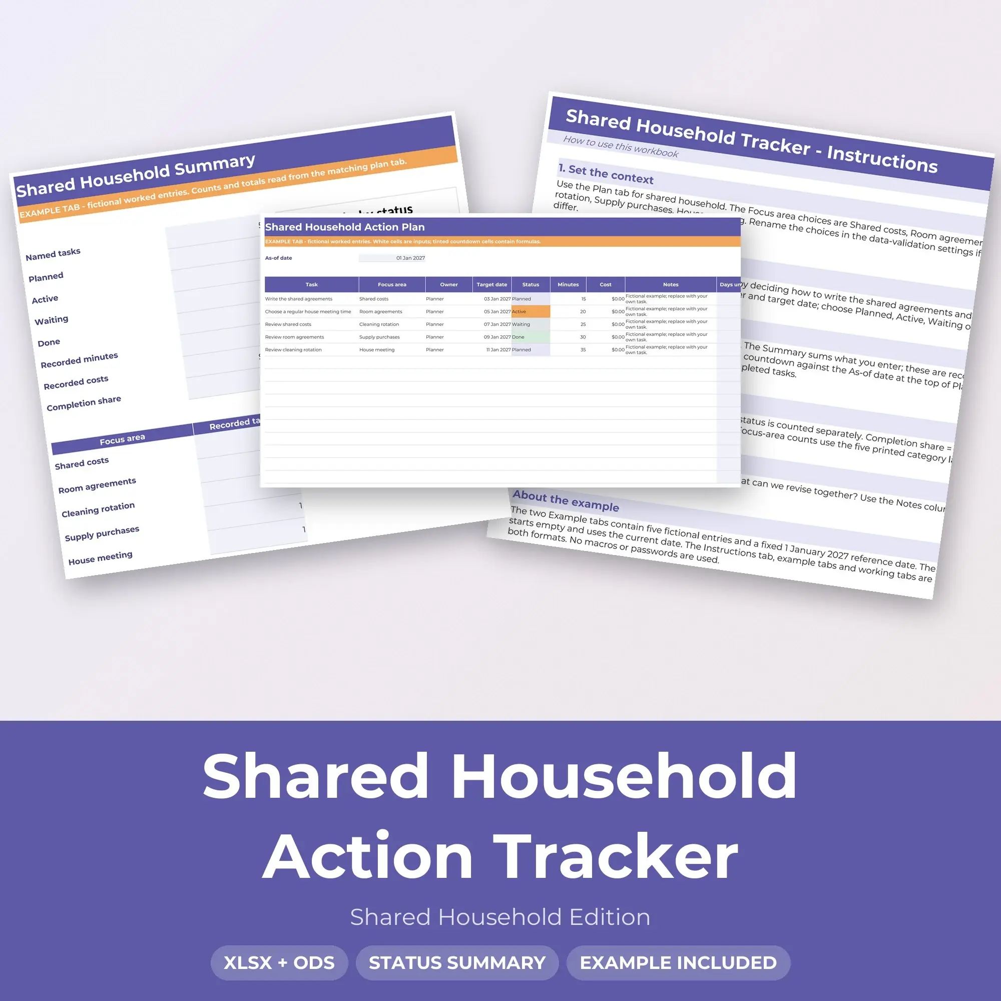 Shared Household Action Tracker Spreadsheet, XLSX + ODS preview