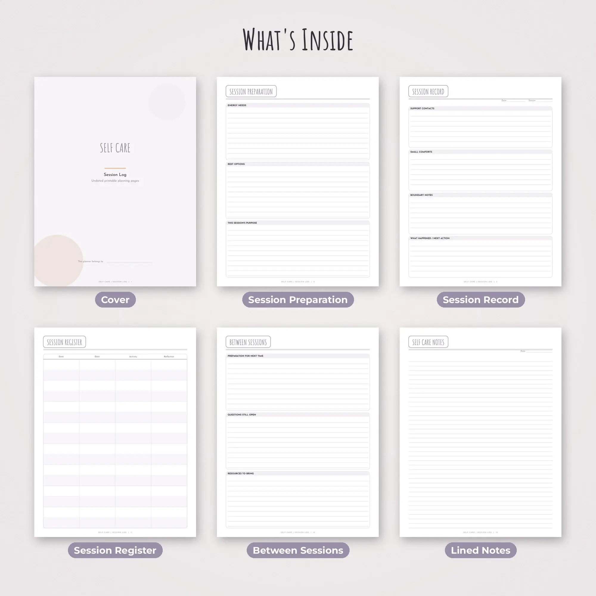 Self Care Session Log Planner PDF - Lilac, preview 2 of 2