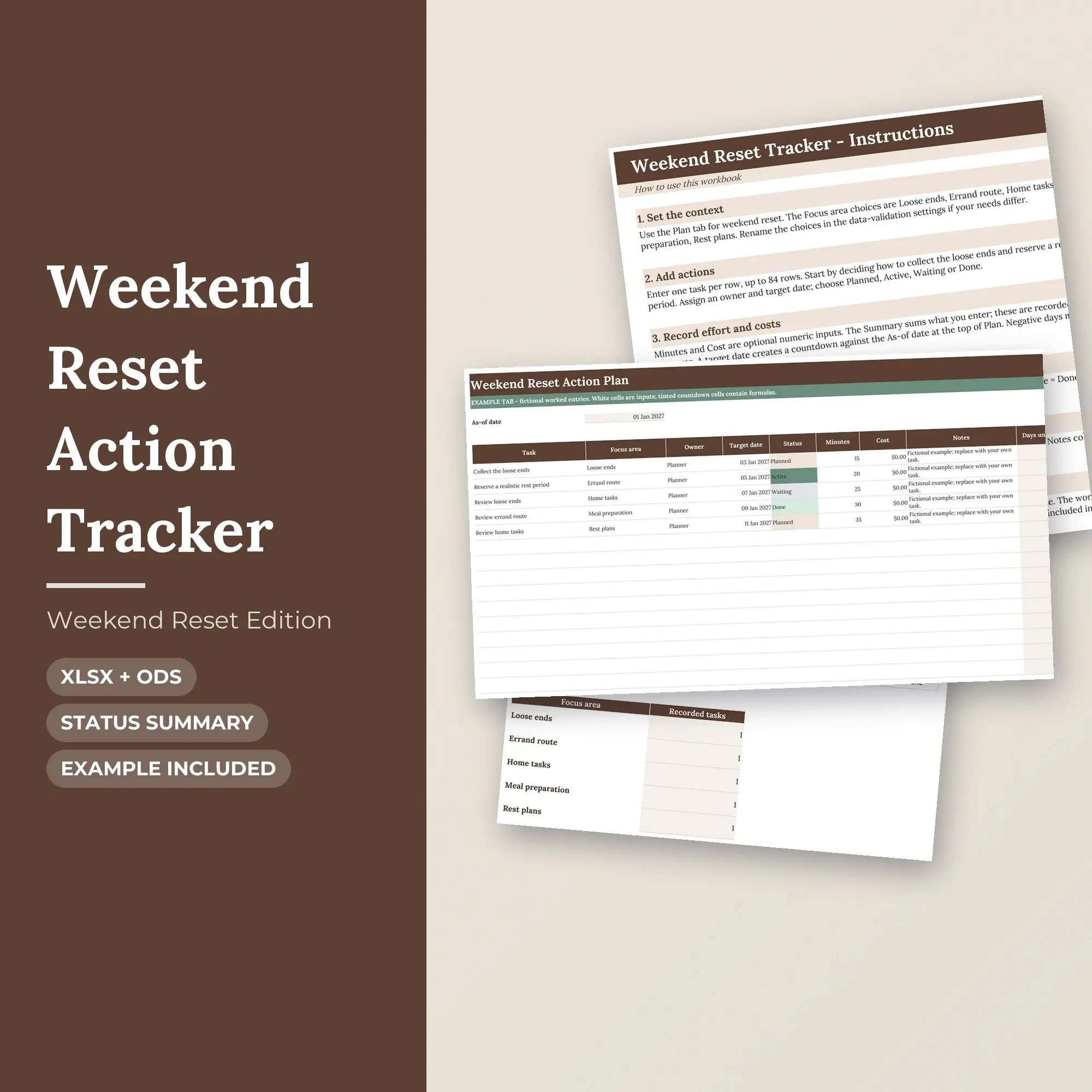 Weekend Reset Action Tracker Spreadsheet, XLSX + ODS preview