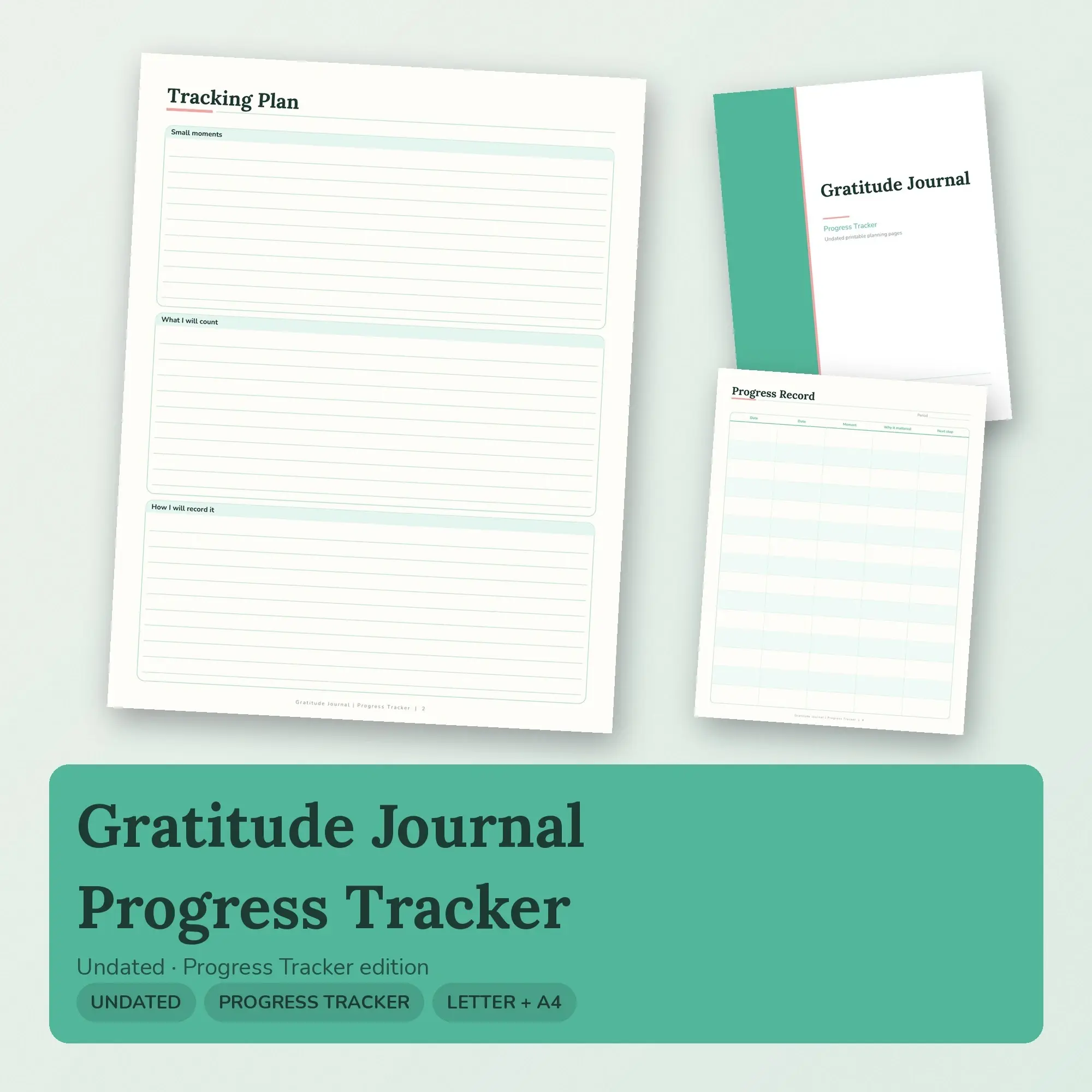 Gratitude Journal Progress Tracker Planner PDF - Mint preview