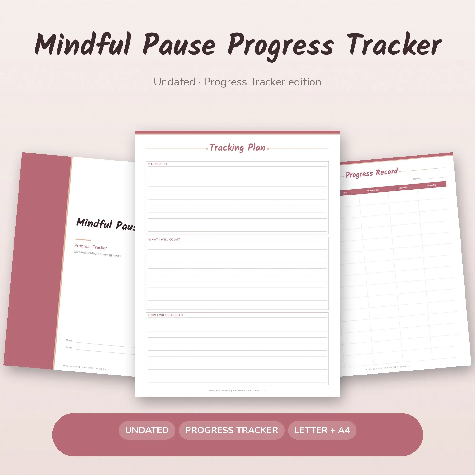 Mindful Pause Progress Tracker Planner PDF - Dusty Rose, preview 1 of 2