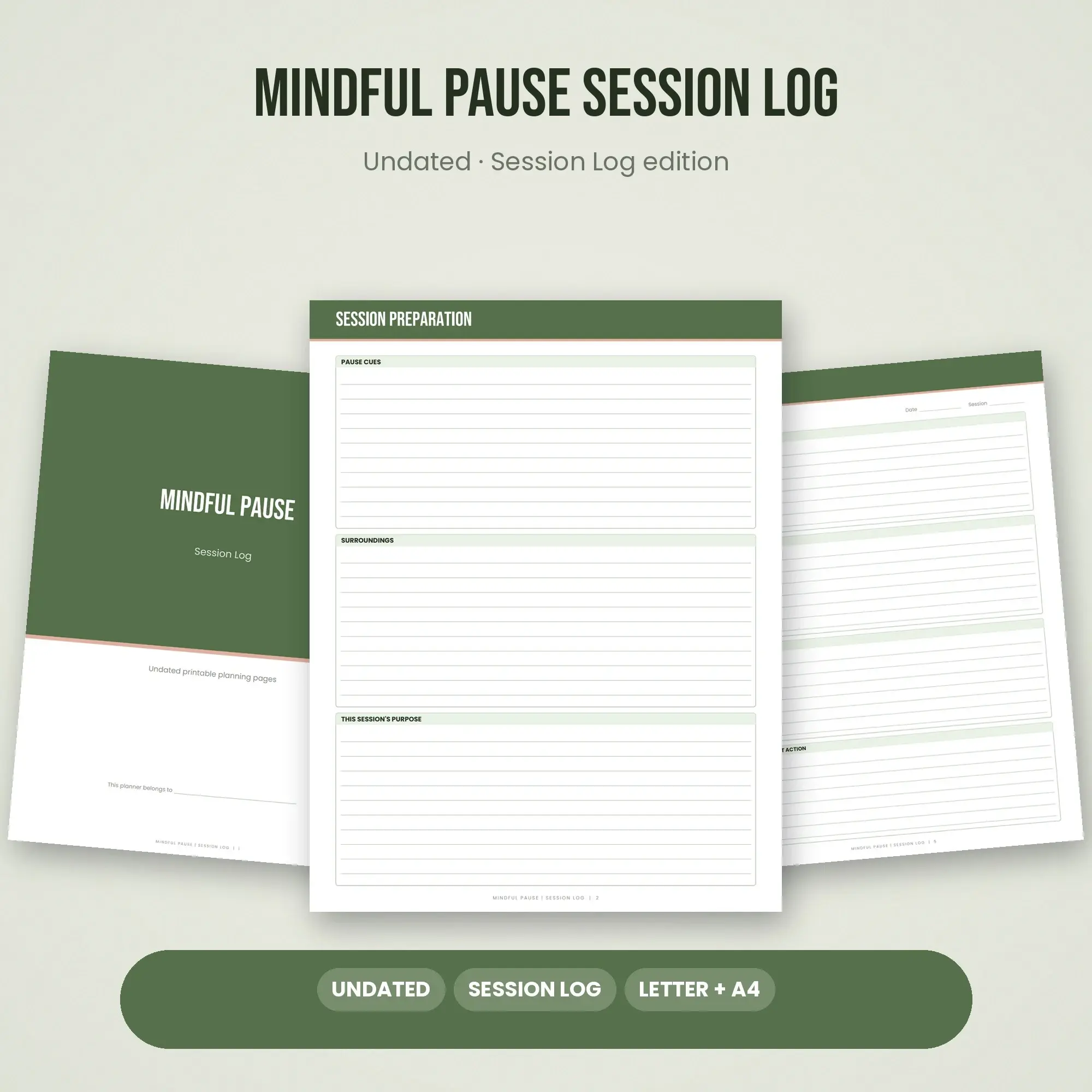 Mindful Pause Session Log Planner PDF - Moss preview