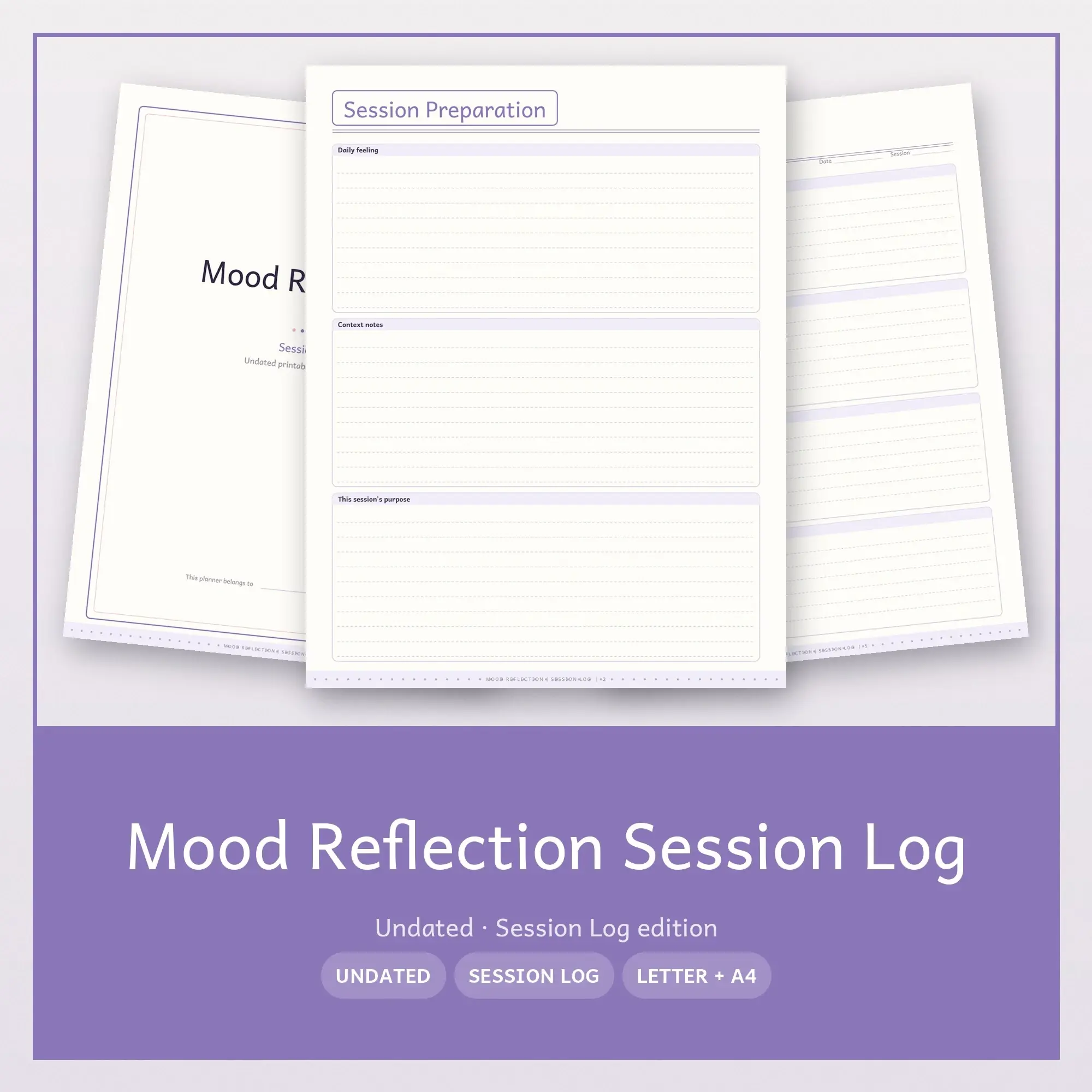 Mood Reflection Session Log Planner PDF - Lavender preview
