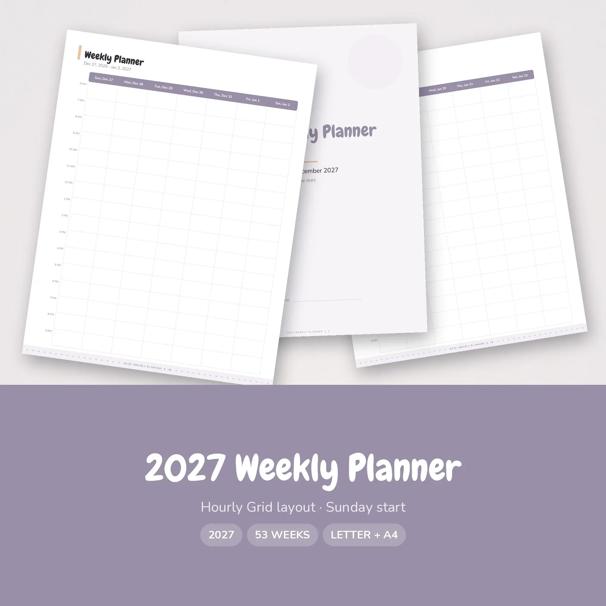 Printable 2027 Weekly Agenda, Hourly Grid Layout, Lilac preview