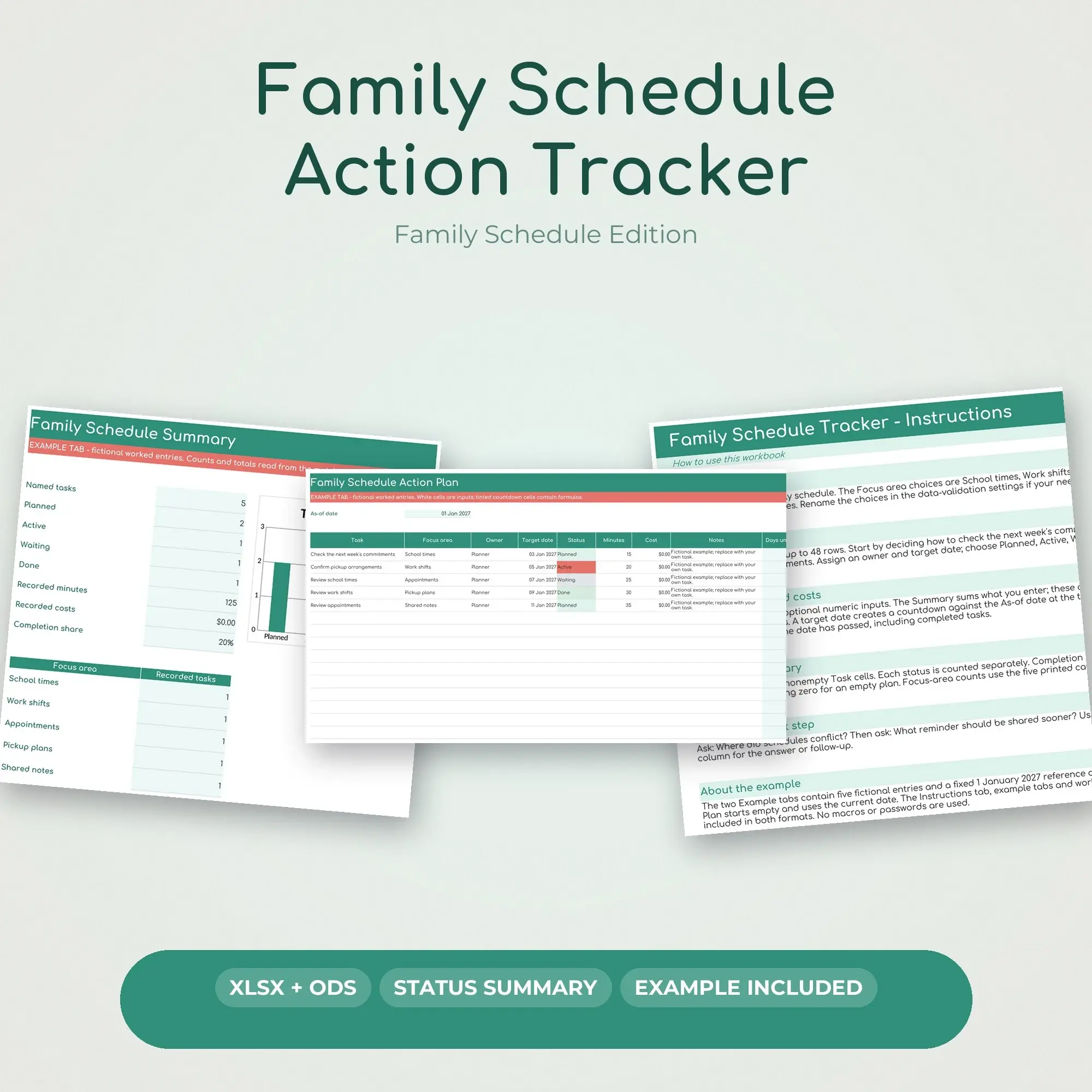 Family Schedule Action Tracker Spreadsheet, XLSX + ODS preview