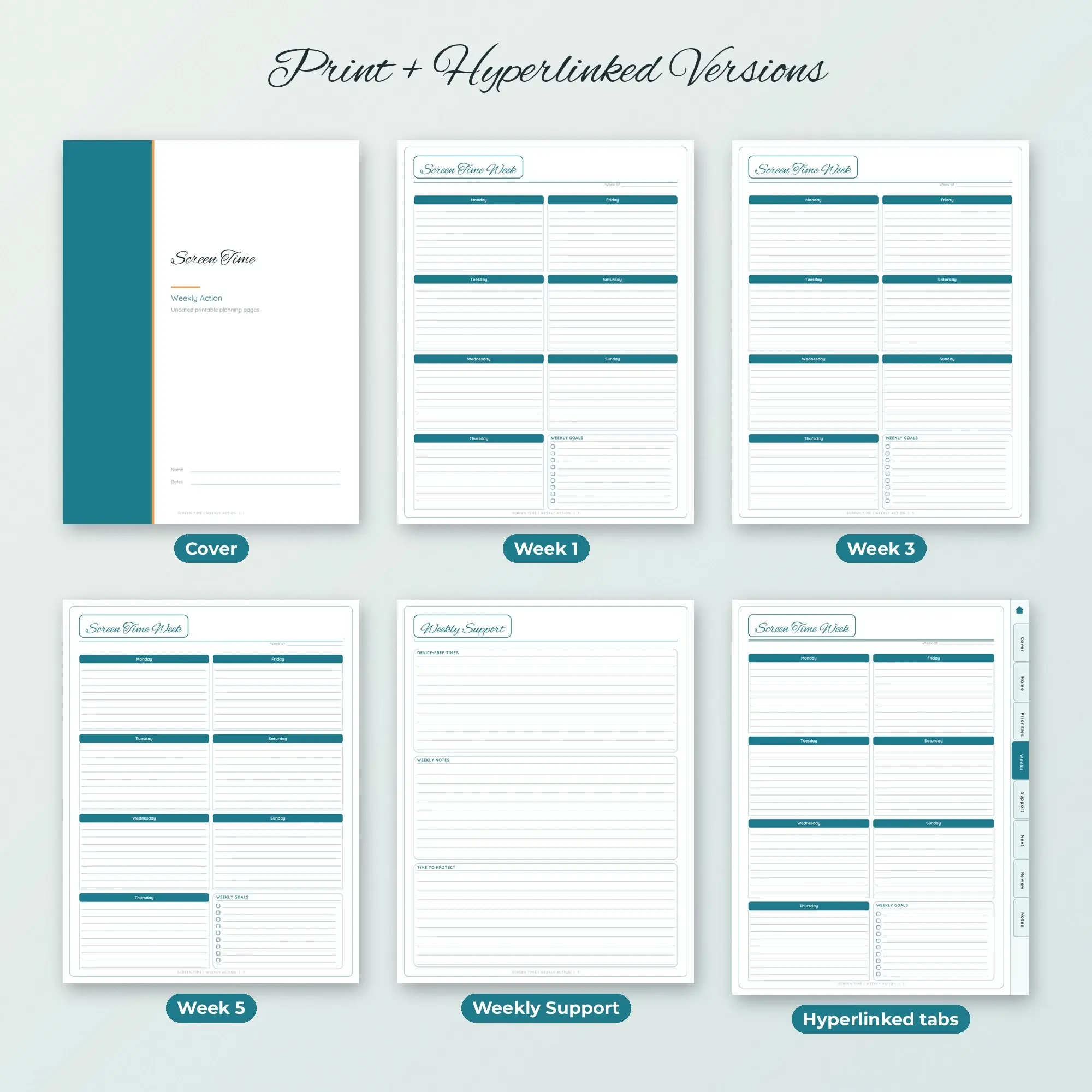 Screen Time Weekly Action Planner PDF - Ocean Teal, preview 2 of 2