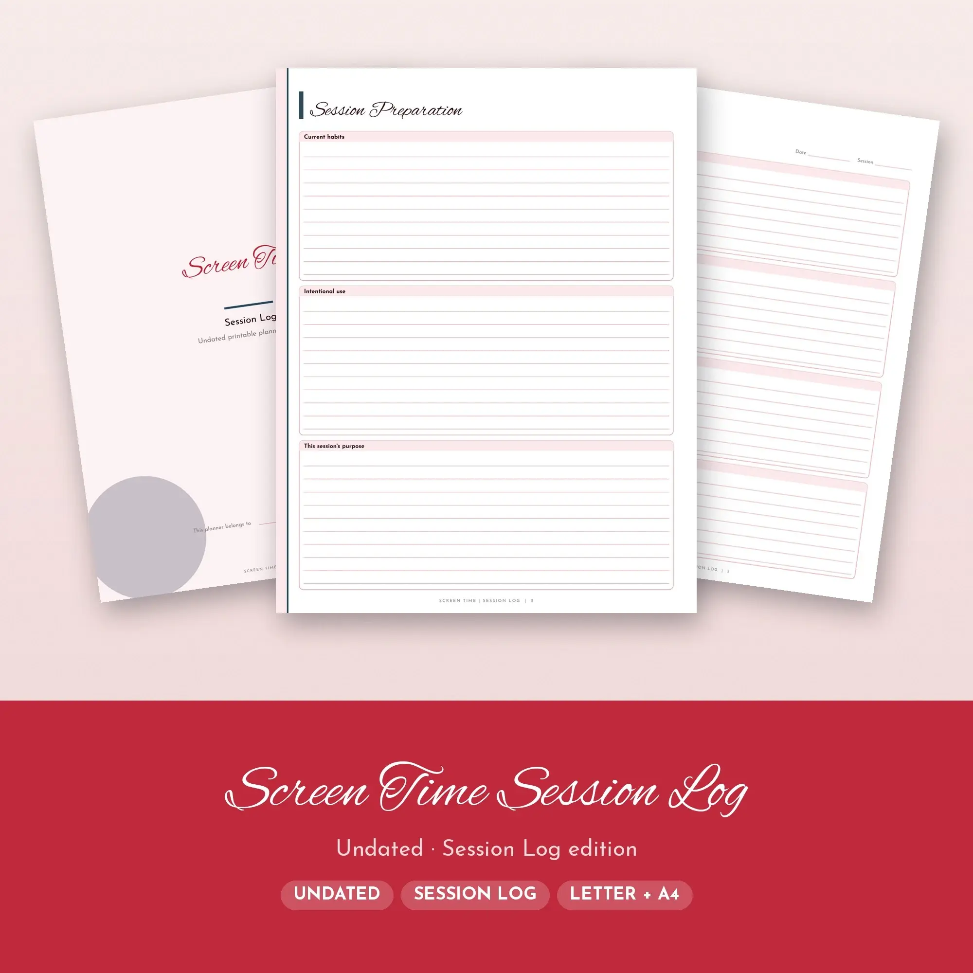 Screen Time Session Log Planner PDF - Cherry preview