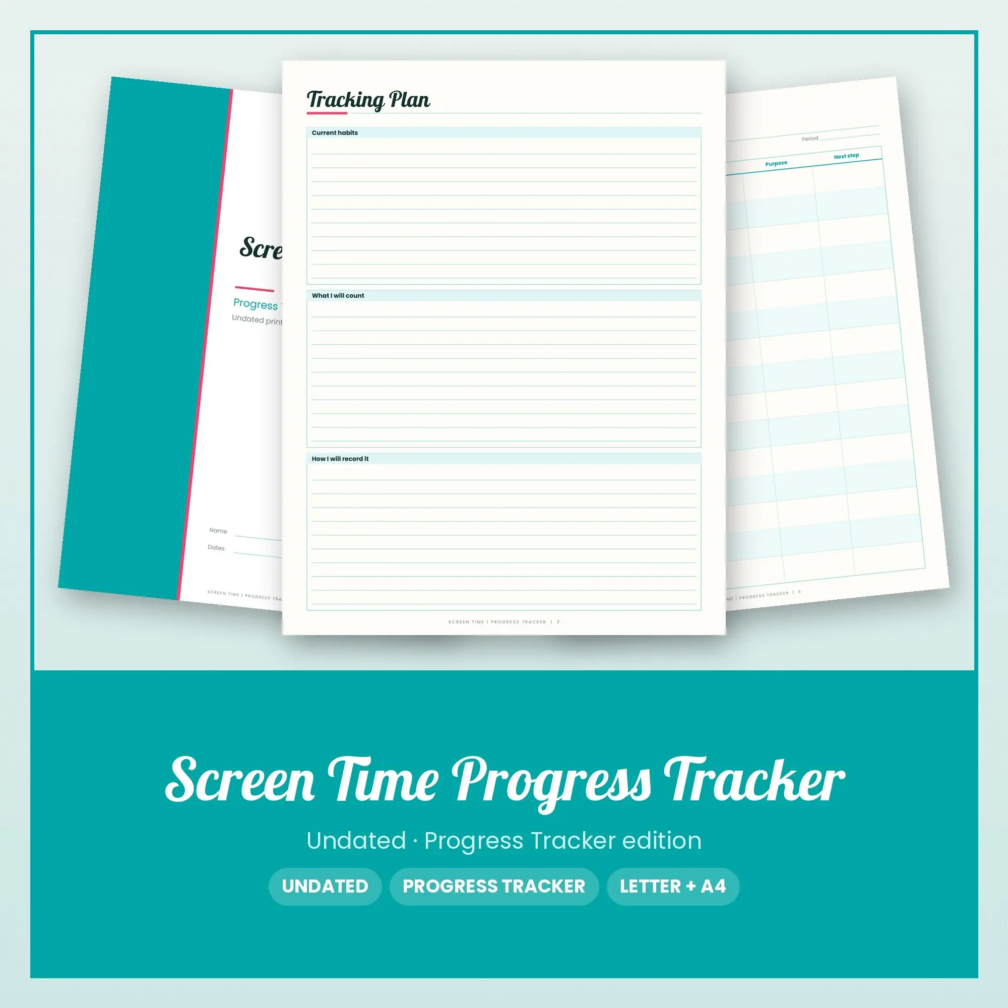 Screen Time Progress Tracker Planner PDF - Aqua preview