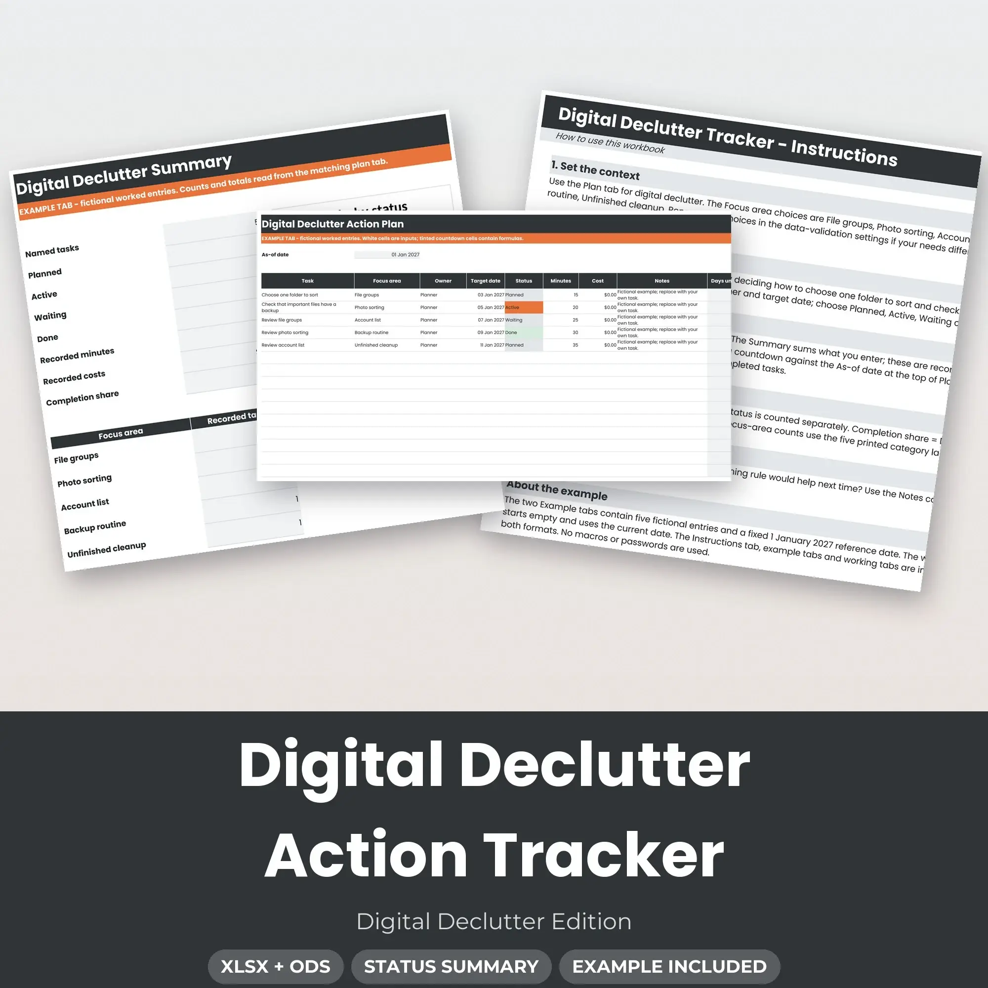 Digital Declutter Action Tracker Spreadsheet, XLSX + ODS preview