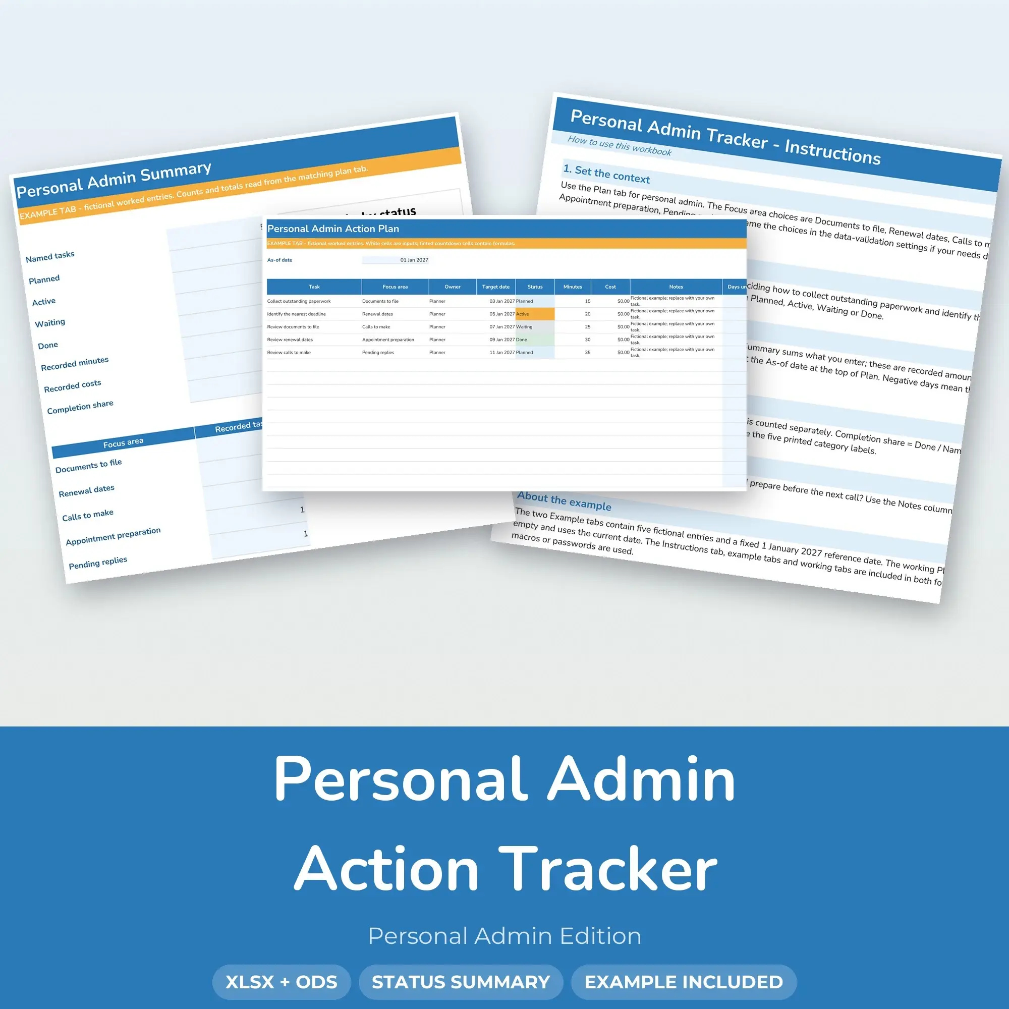 Personal Admin Action Tracker Spreadsheet, XLSX + ODS preview