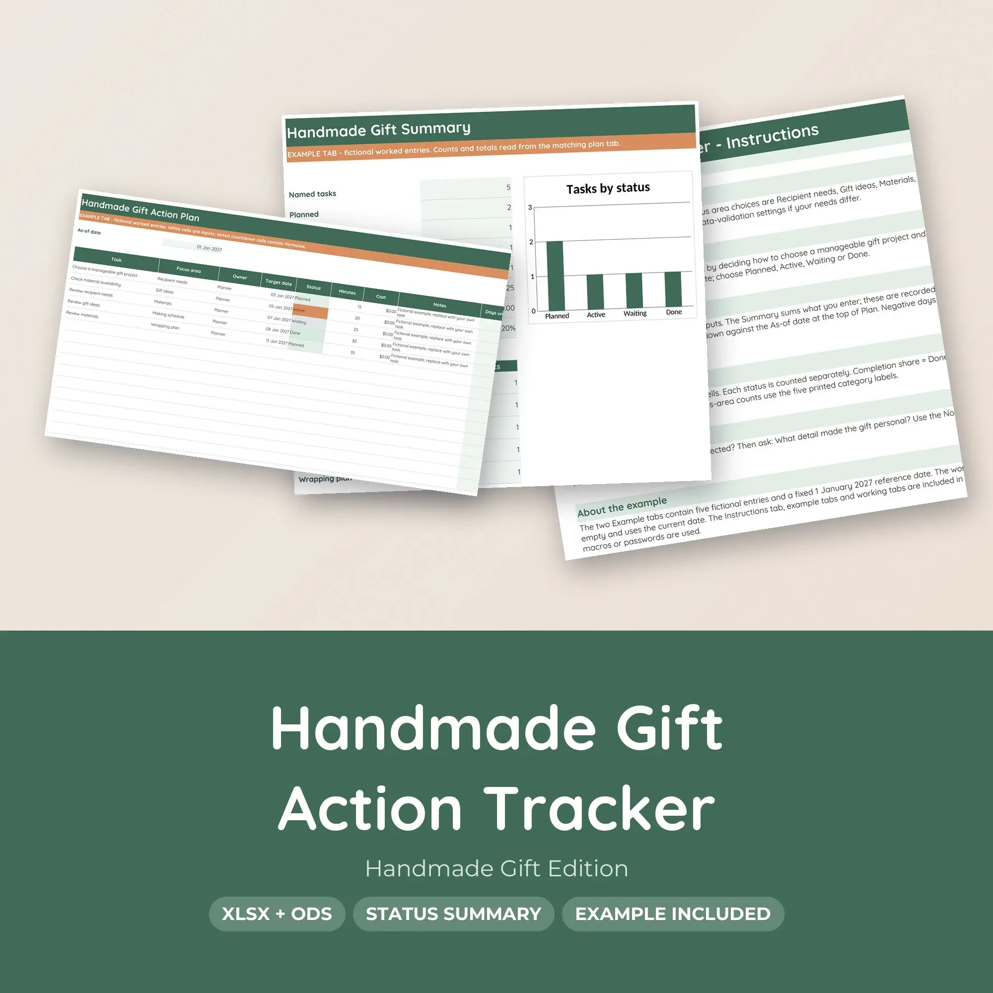 Handmade Gift Action Tracker Spreadsheet, XLSX + ODS preview