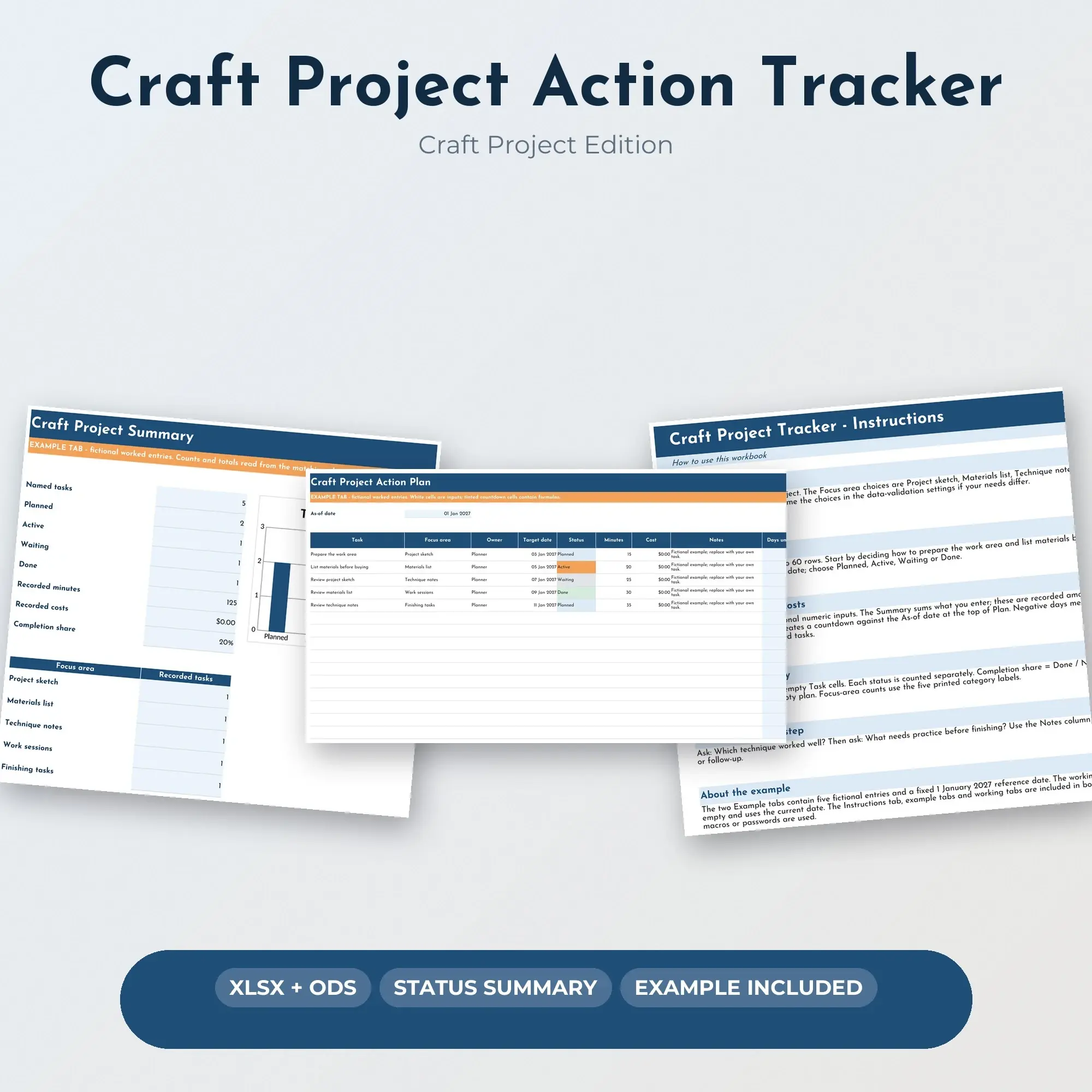 Craft Project Action Tracker Spreadsheet, XLSX + ODS preview