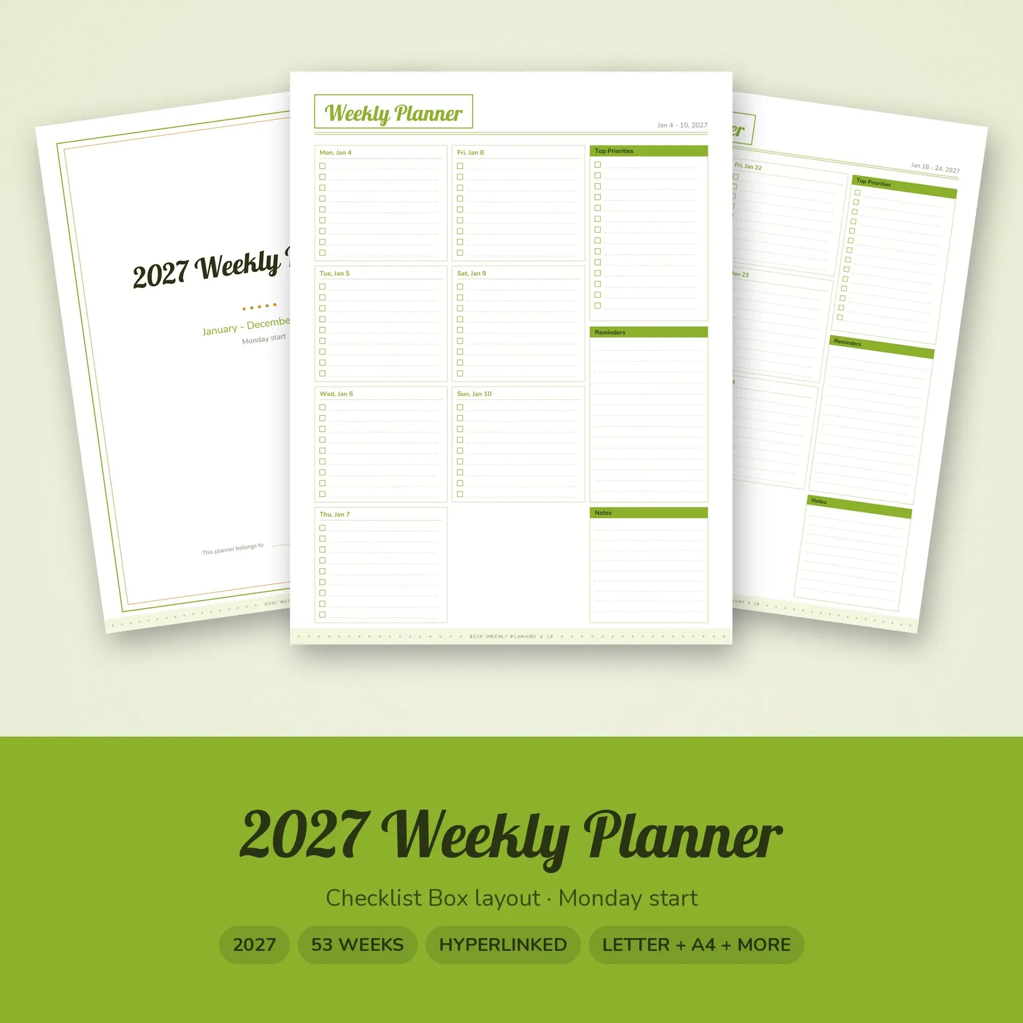 2027 Weekly Planner Hyperlinked Digital + Printable PDF, Lime preview