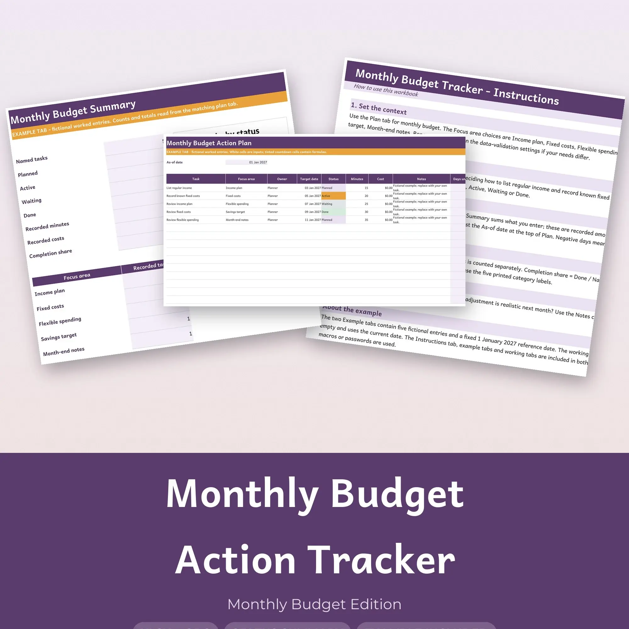 Monthly Budget Action Tracker Spreadsheet, XLSX + ODS preview