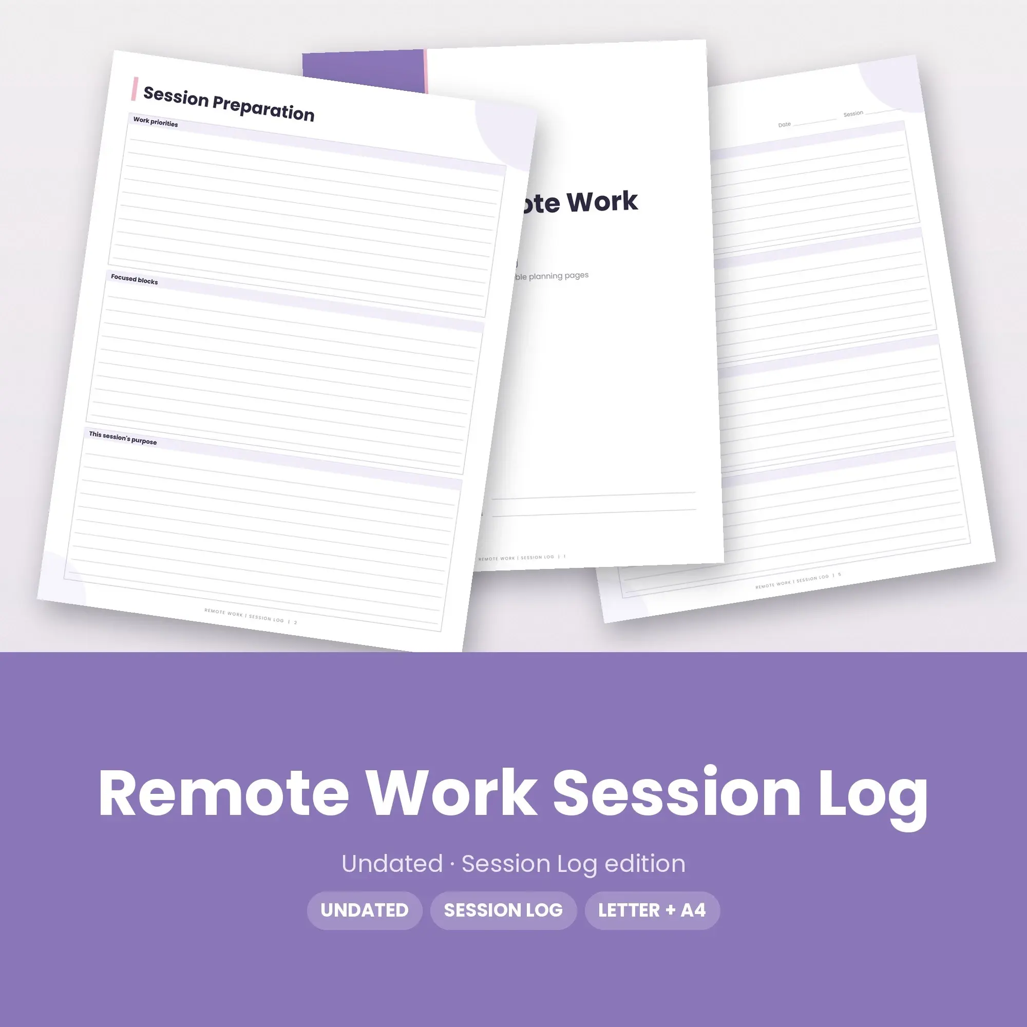 Remote Work Session Log Planner PDF - Lavender preview