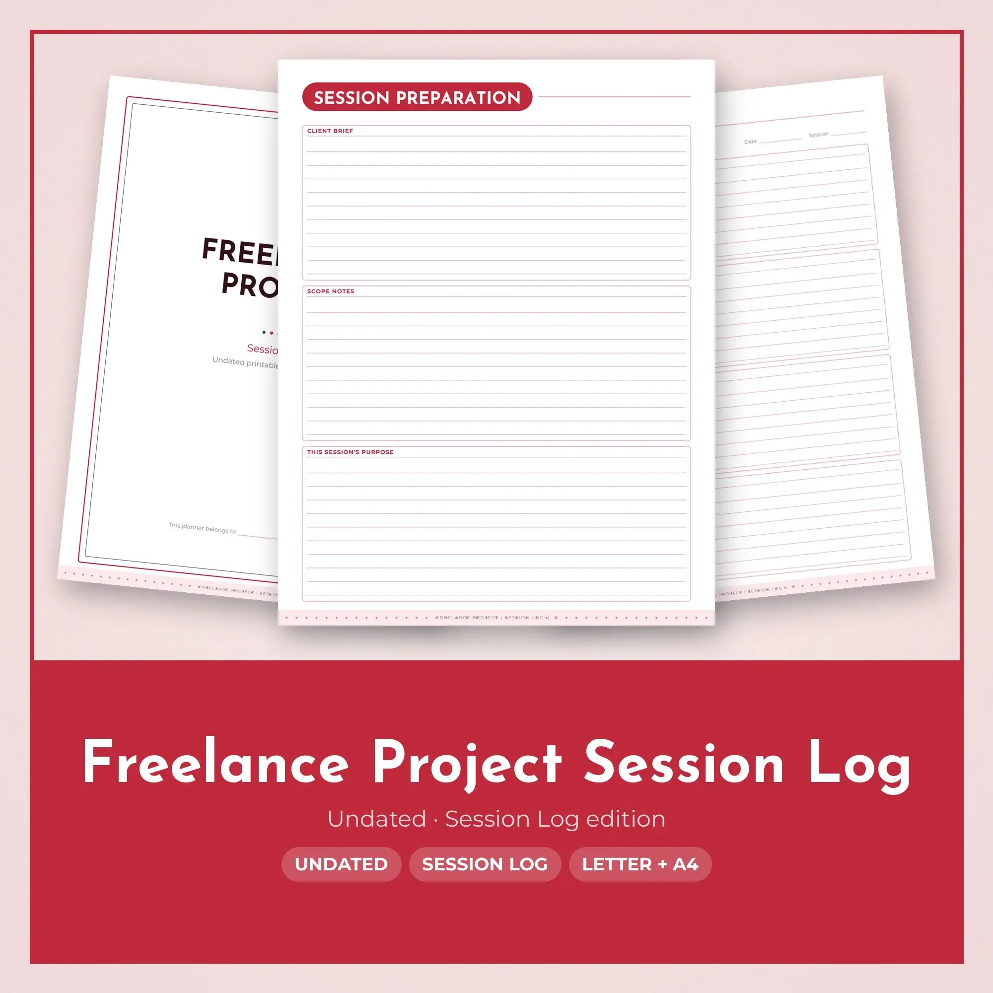 Freelance Project Session Log Planner PDF - Cherry preview