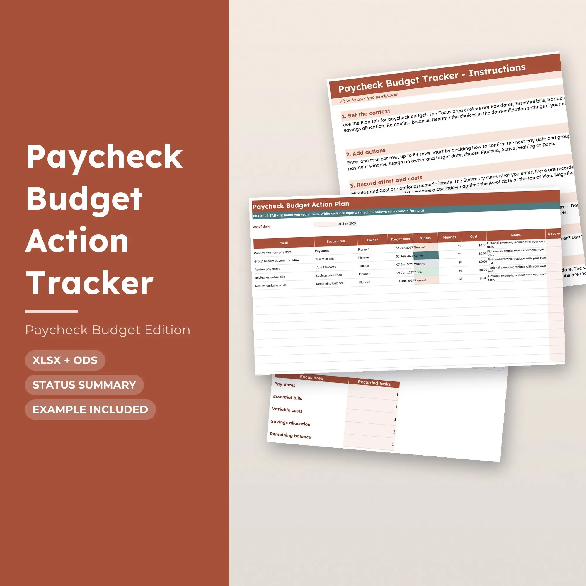 Paycheck Budget Action Tracker Spreadsheet, XLSX + ODS preview