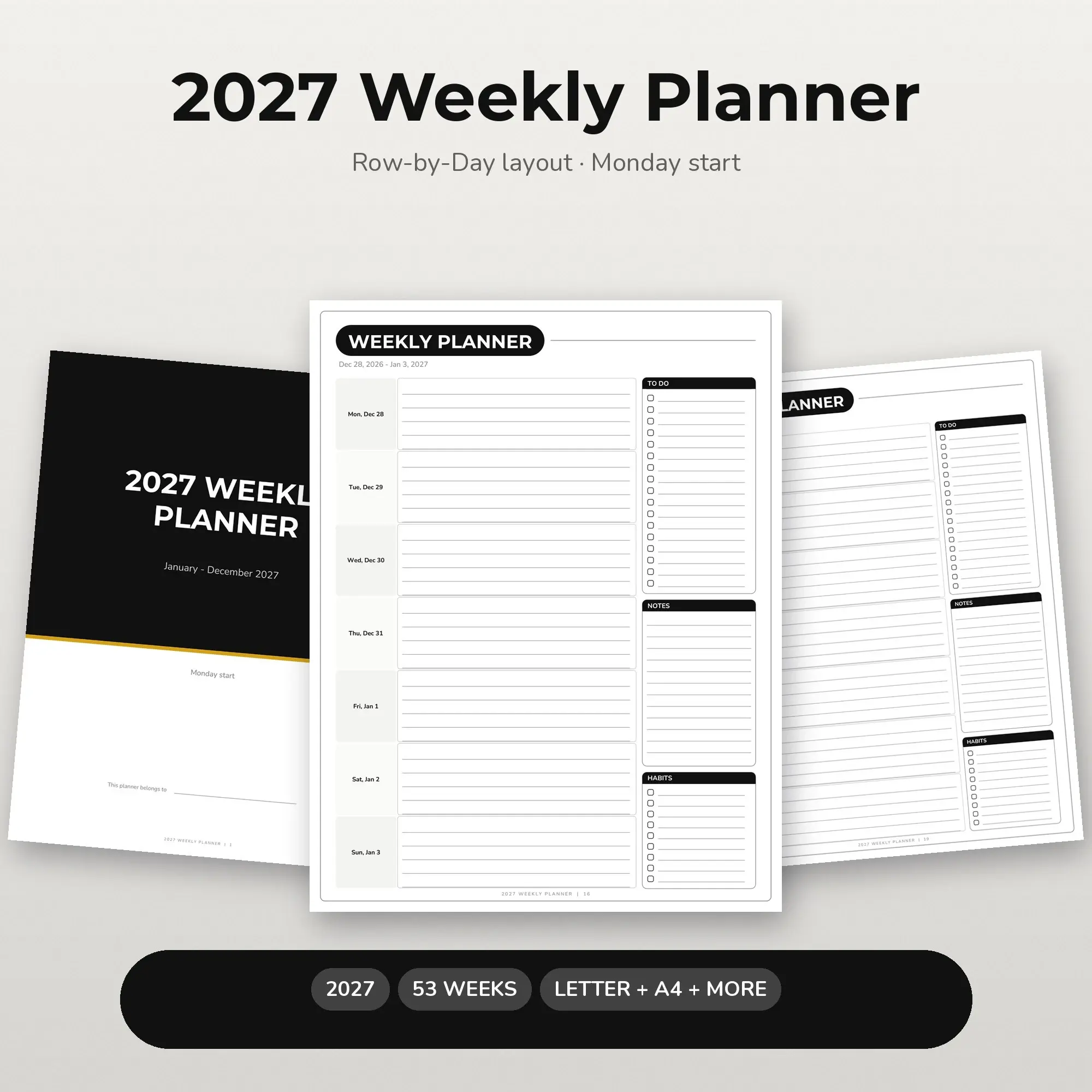 2027 Weekly Planner Printable - Row-by-Day Layout, Monday Start preview