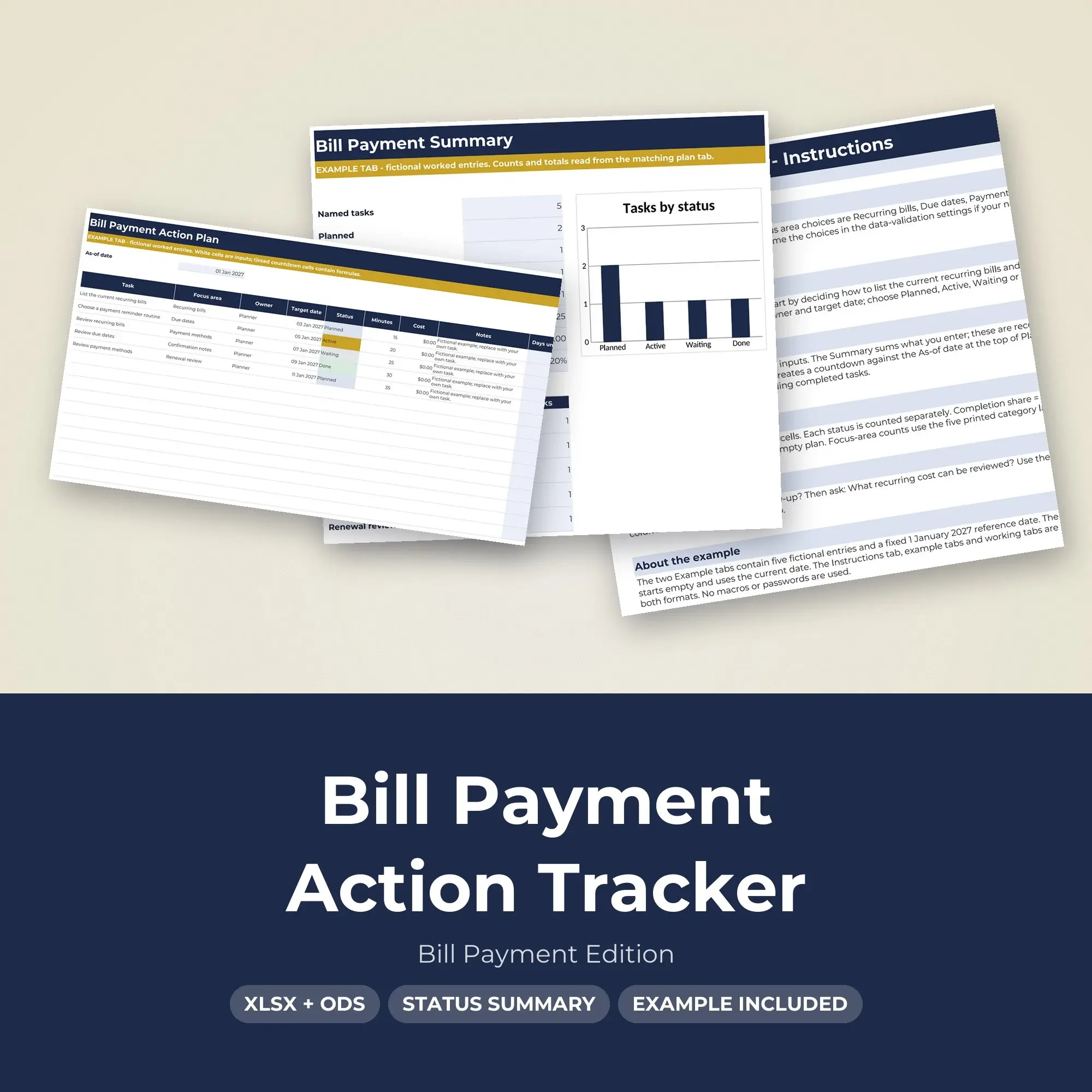 Bill Payment Action Tracker Spreadsheet, XLSX + ODS preview