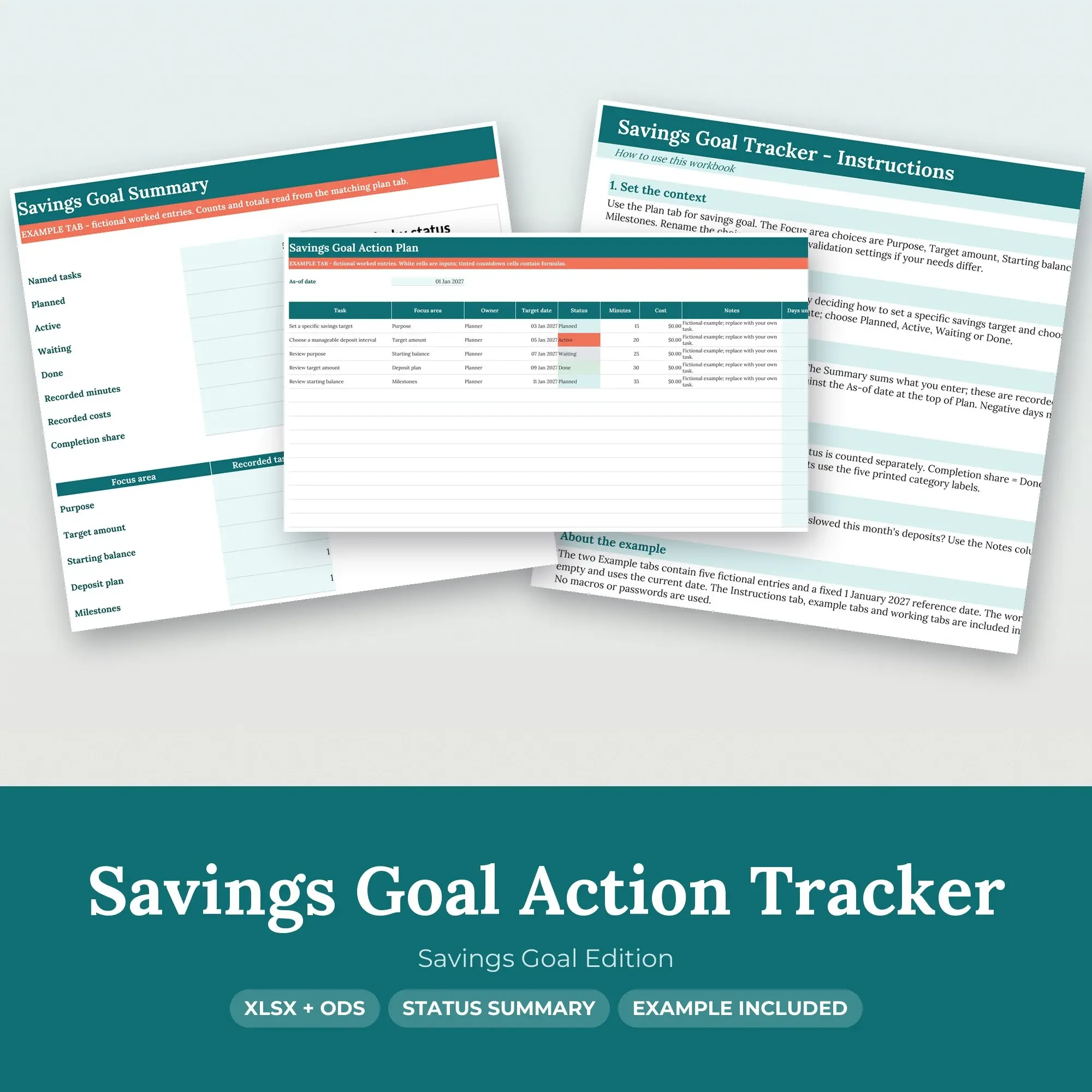 Savings Goal Action Tracker Spreadsheet, XLSX + ODS preview