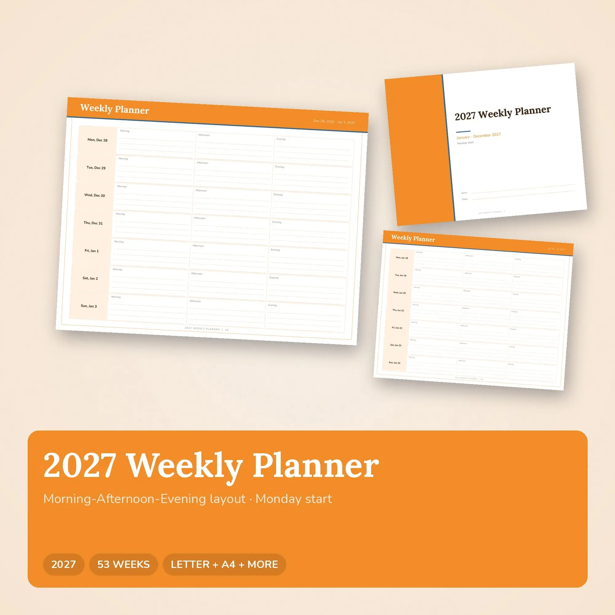 2027 Weekly Planner Printable, Classic Tangerine PDF, preview 1 of 2