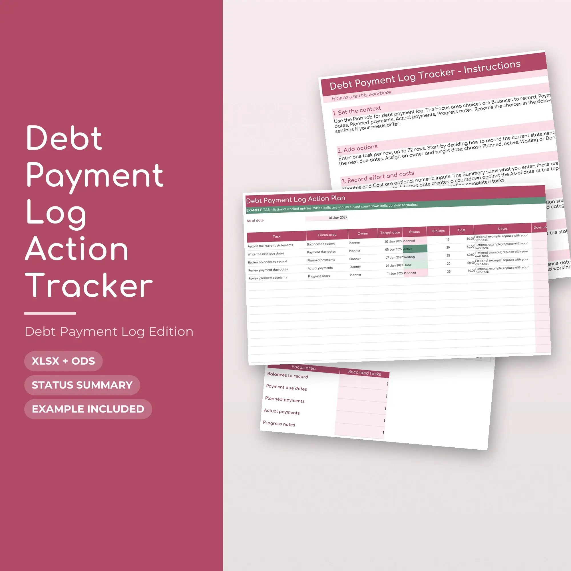 Debt Payment Log Action Tracker Spreadsheet, XLSX + ODS preview