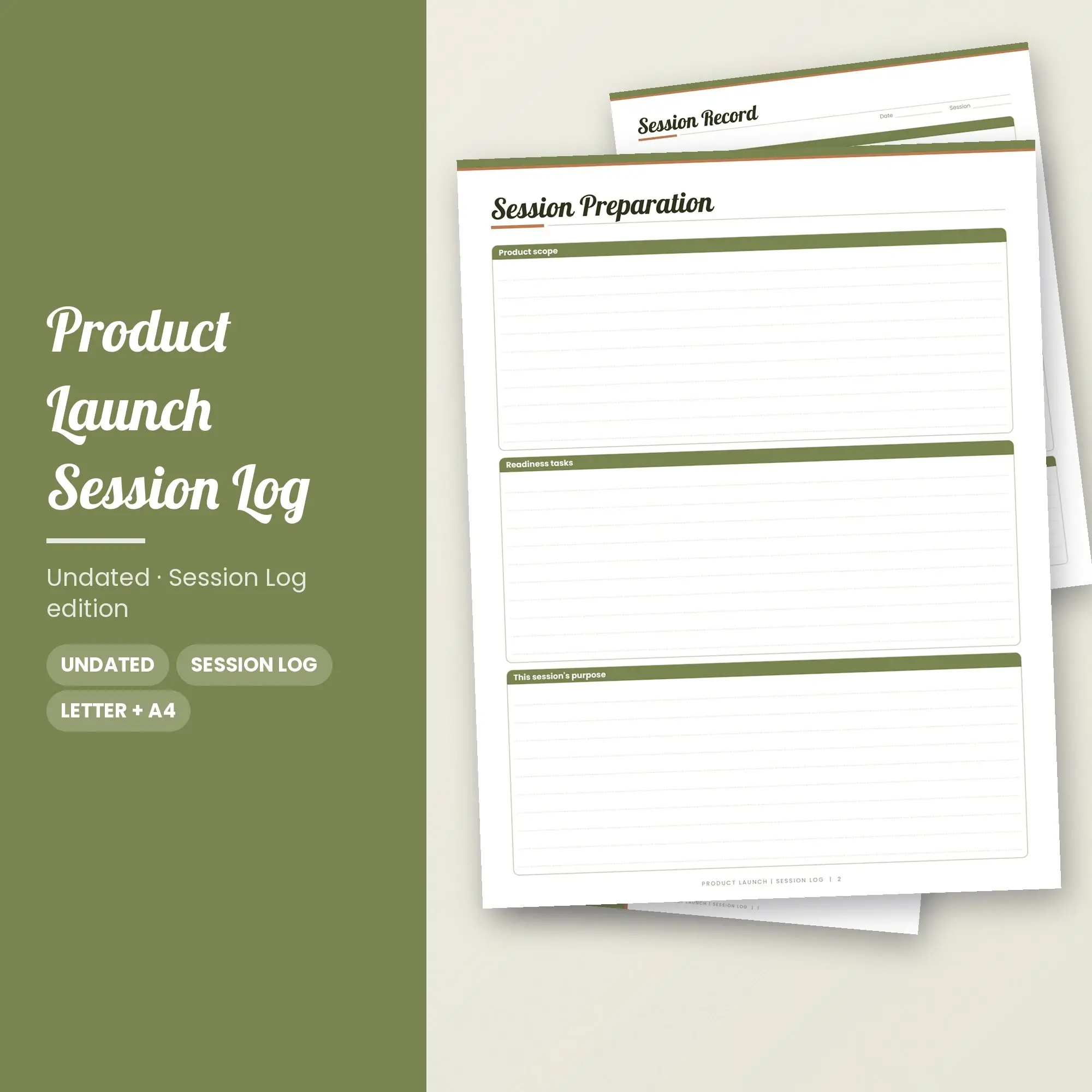 Product Launch Session Log Planner PDF - Olive preview
