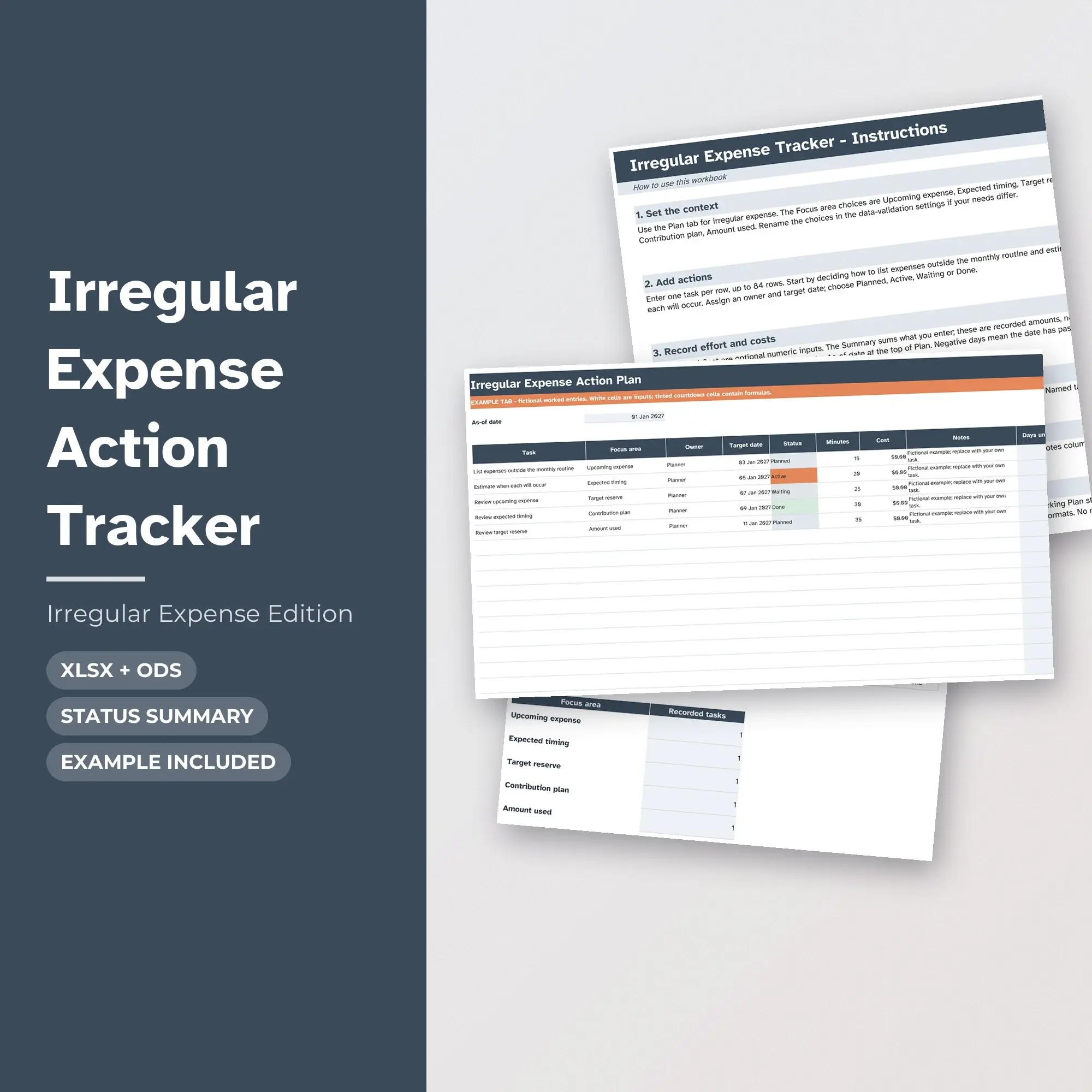 Irregular Expense Action Tracker Spreadsheet, XLSX + ODS preview