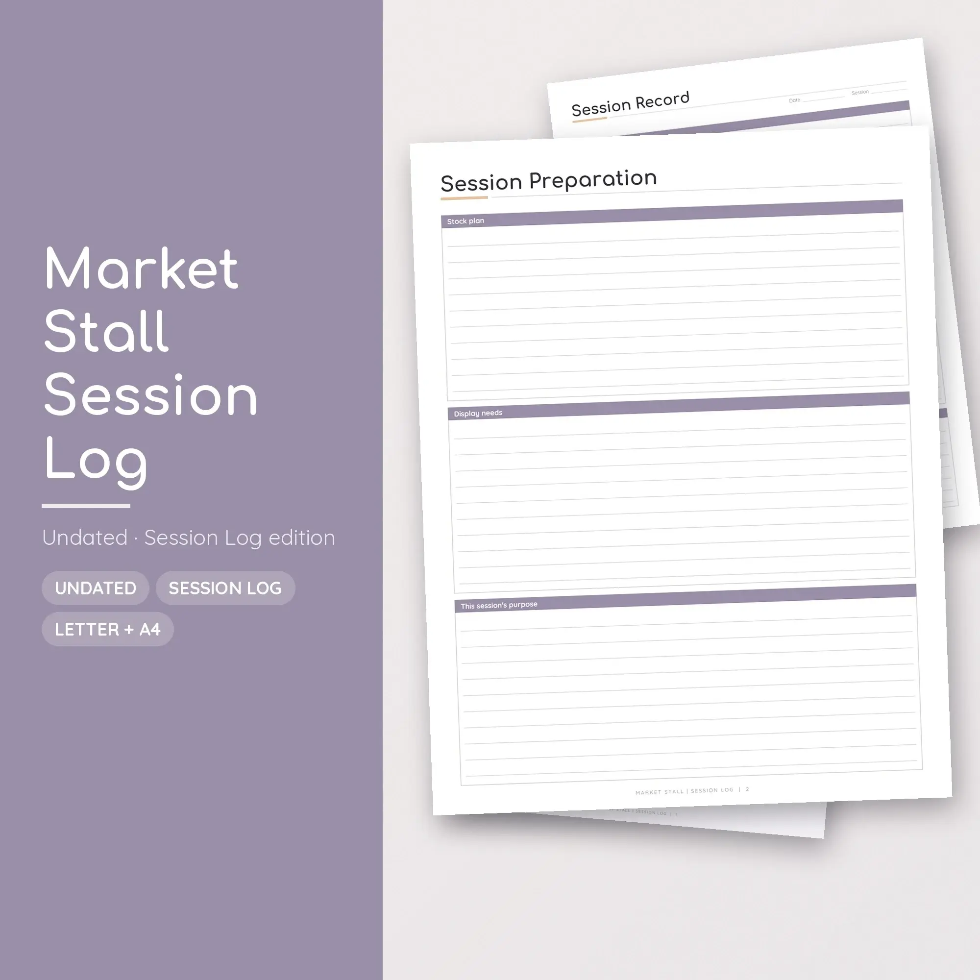 Market Stall Session Log Planner PDF - Lilac preview