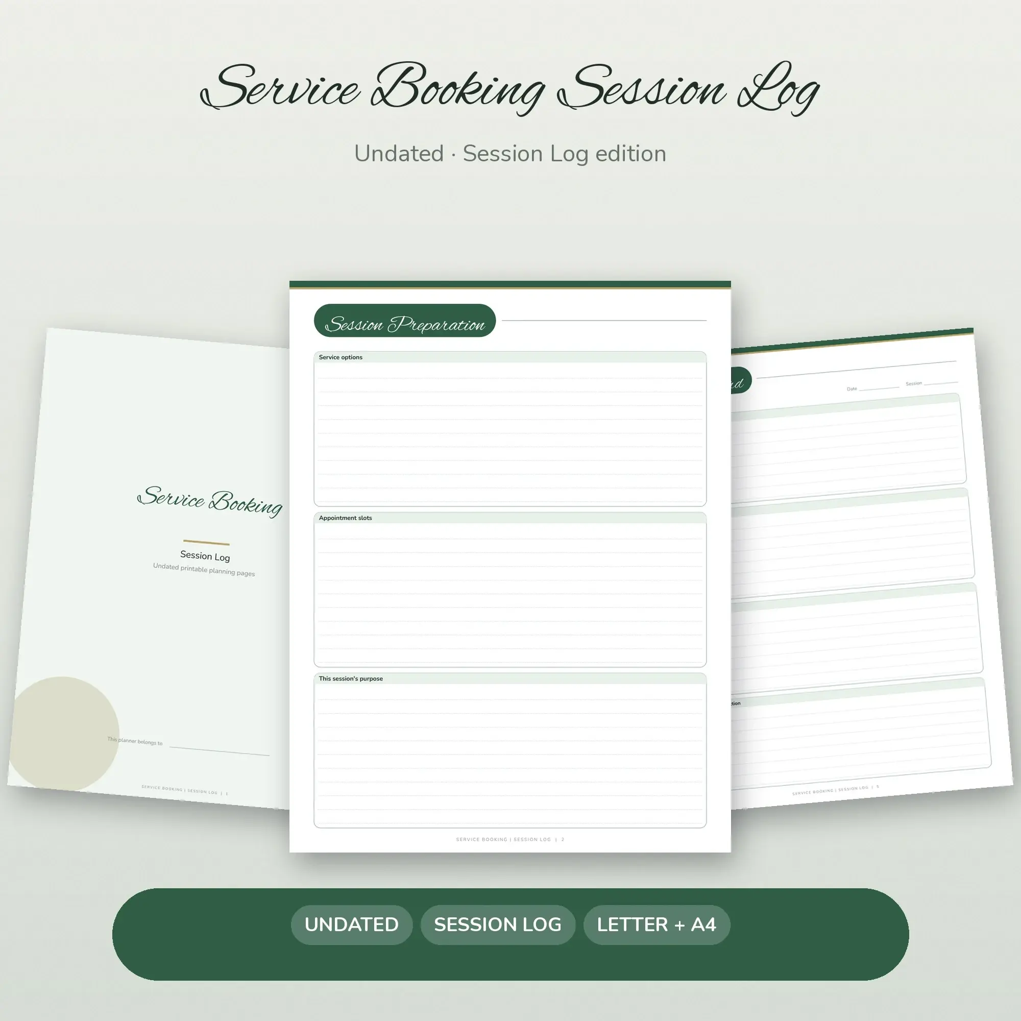 Service Booking Session Log Planner PDF - Forest preview