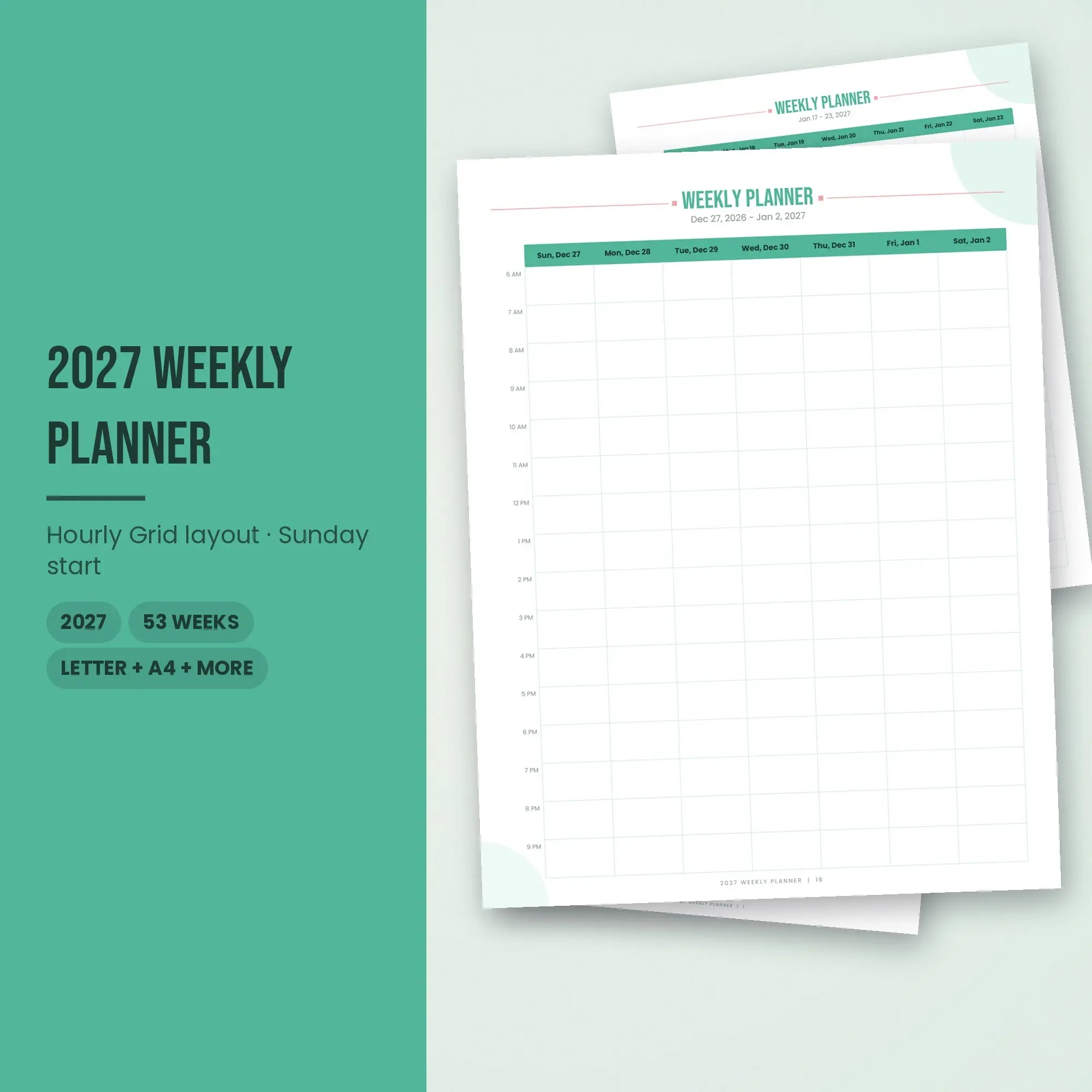 Weekly Planner 2027 Printable, Mint Vibrant, Dated PDF preview