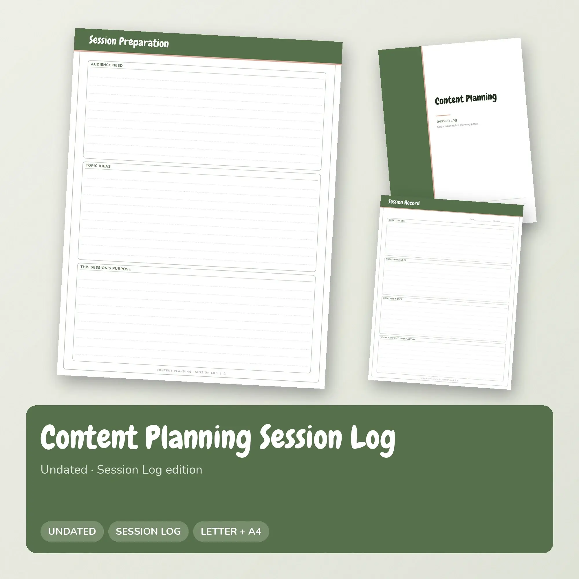 Content Planning Session Log Planner PDF - Moss preview