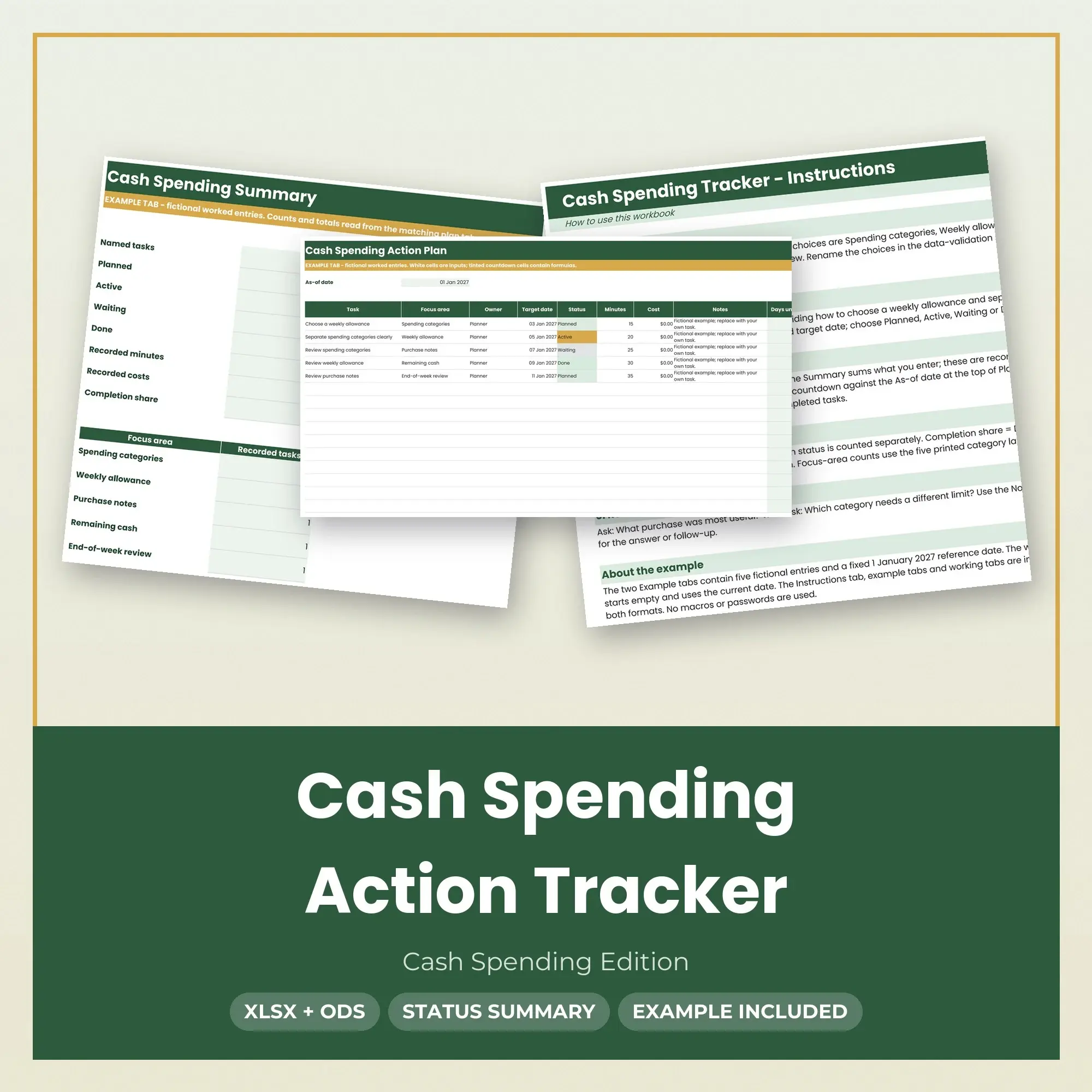 Cash Spending Action Tracker Spreadsheet, XLSX + ODS preview