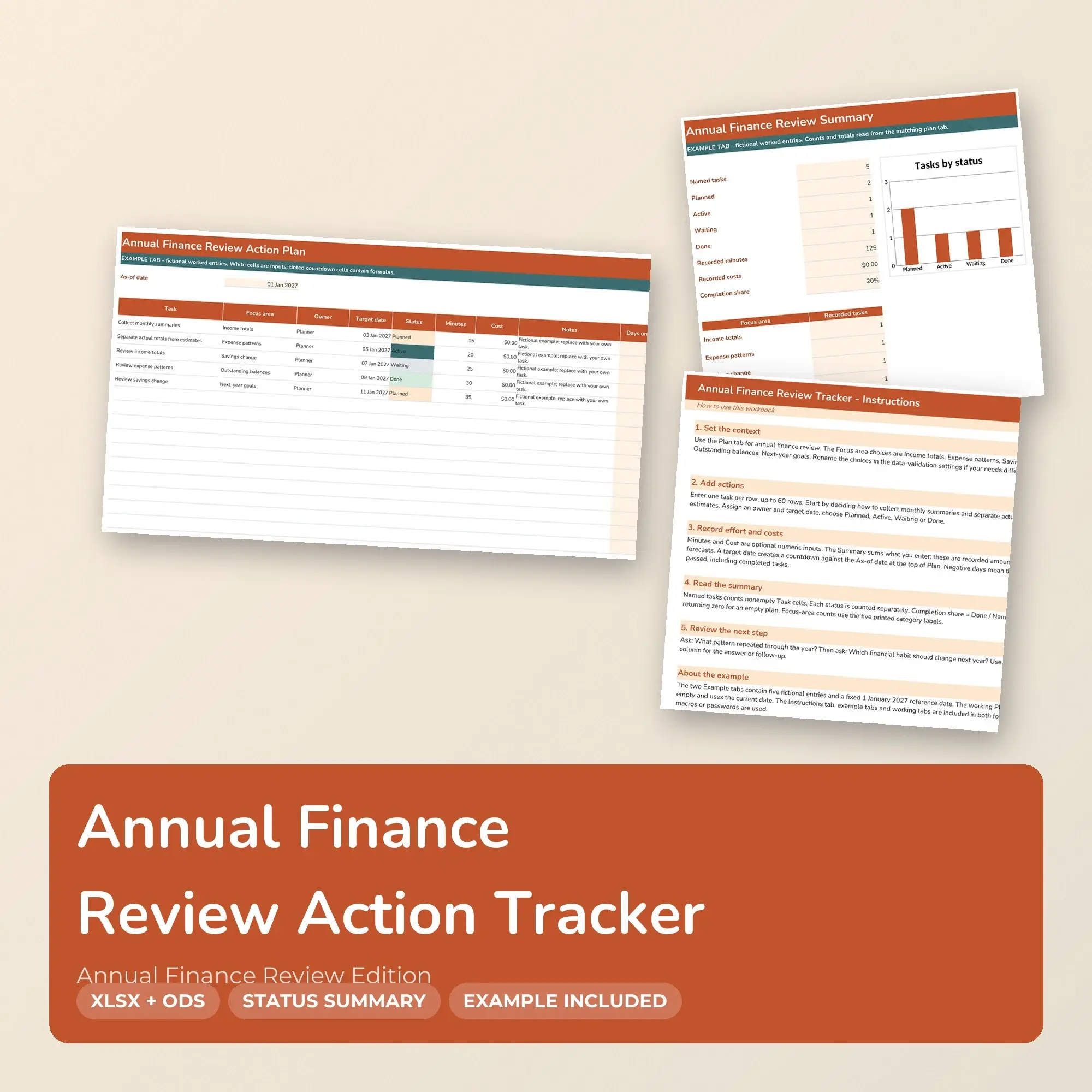 Annual Finance Review Action Tracker Spreadsheet, XLSX + ODS preview