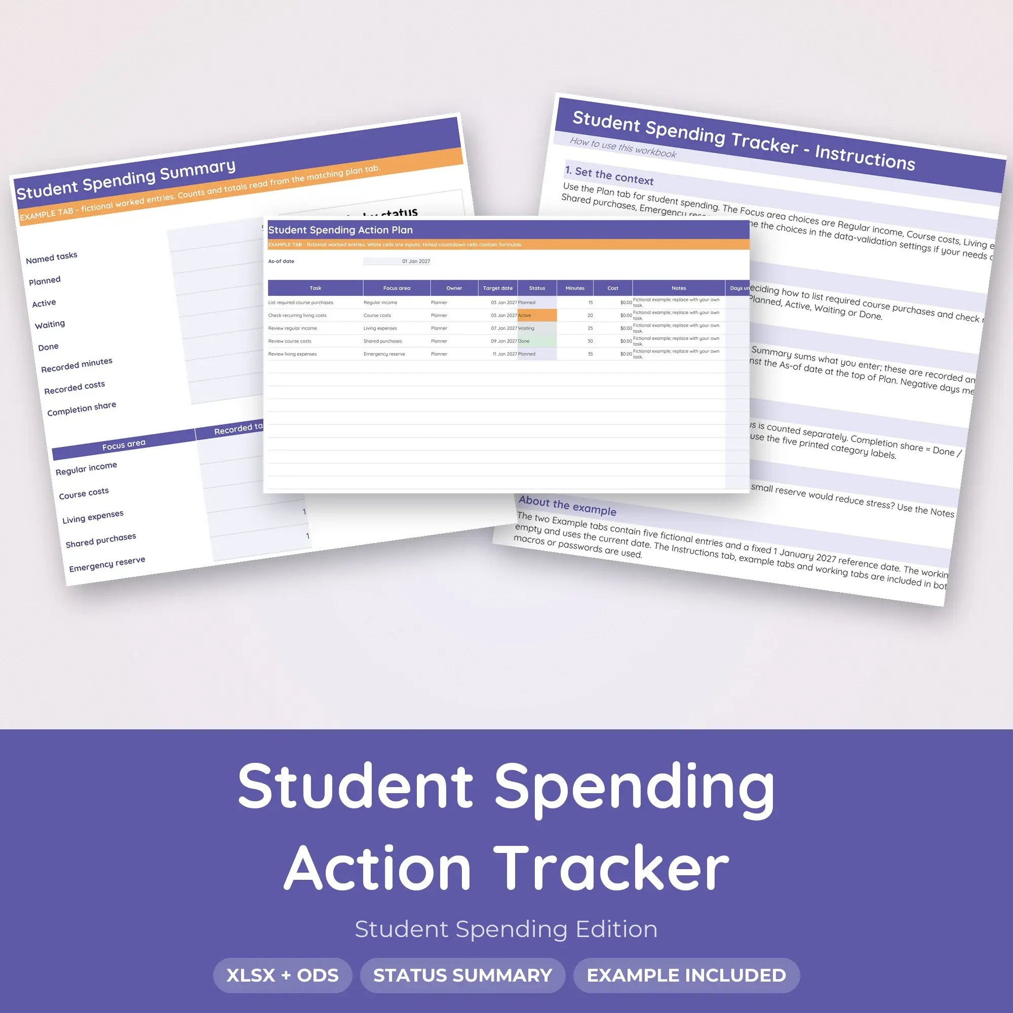 Student Spending Action Tracker Spreadsheet, XLSX + ODS preview