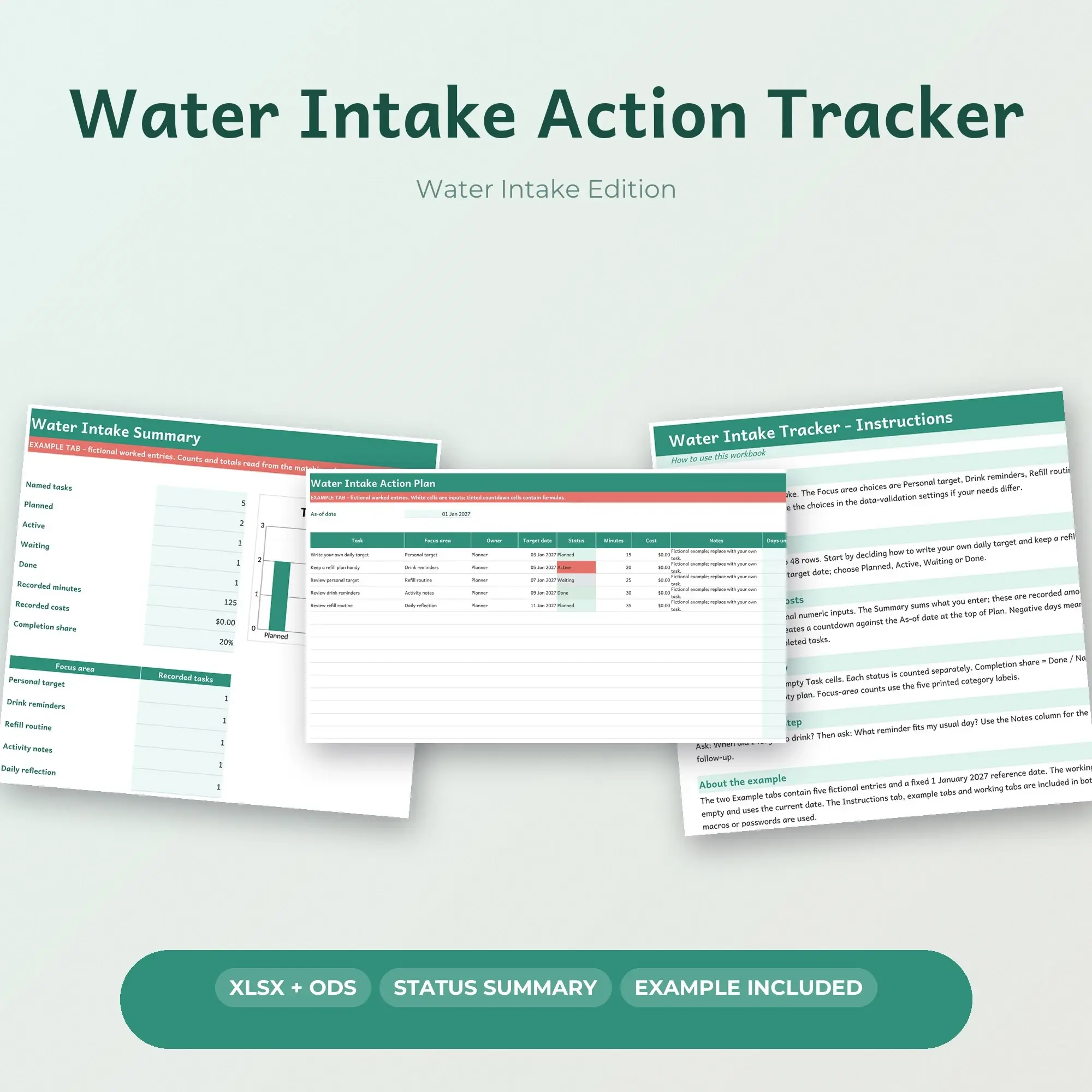Water Intake Action Tracker Spreadsheet, XLSX + ODS preview