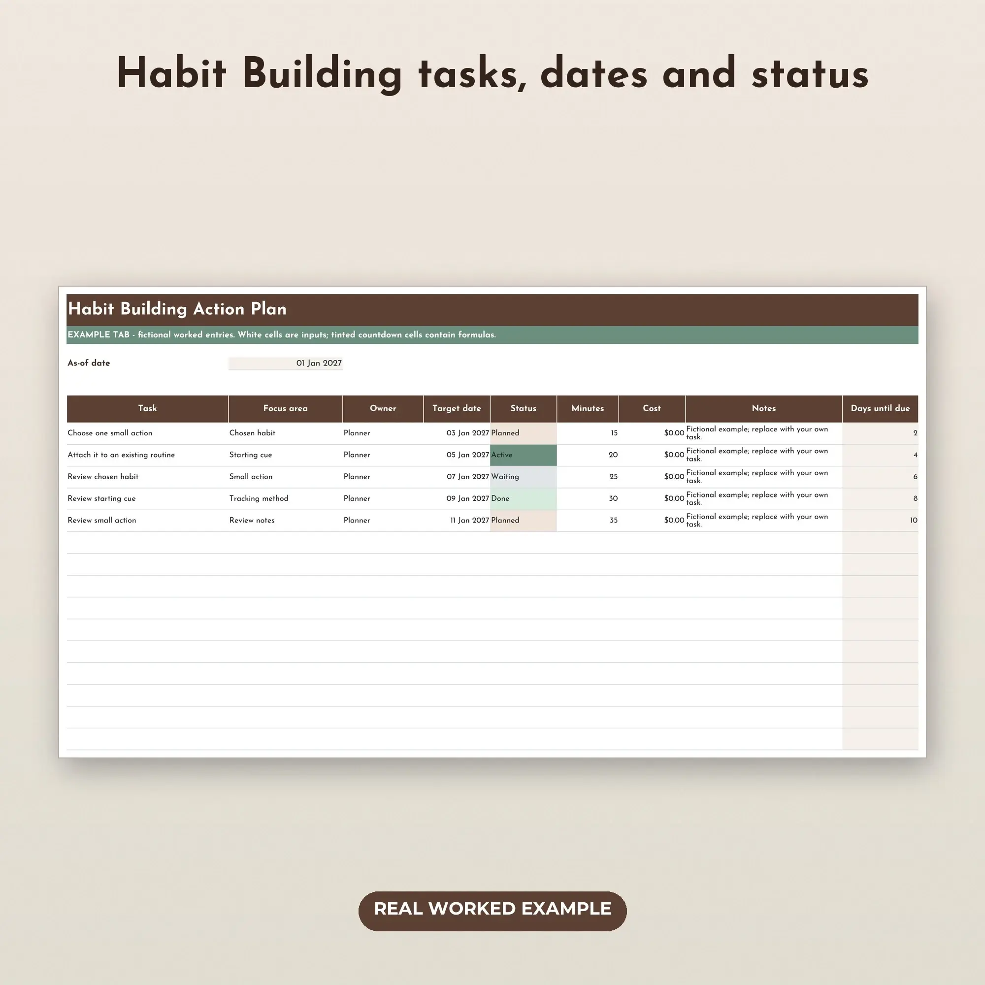 Habit Building Action Tracker Spreadsheet, XLSX + ODS, preview 2 of 2