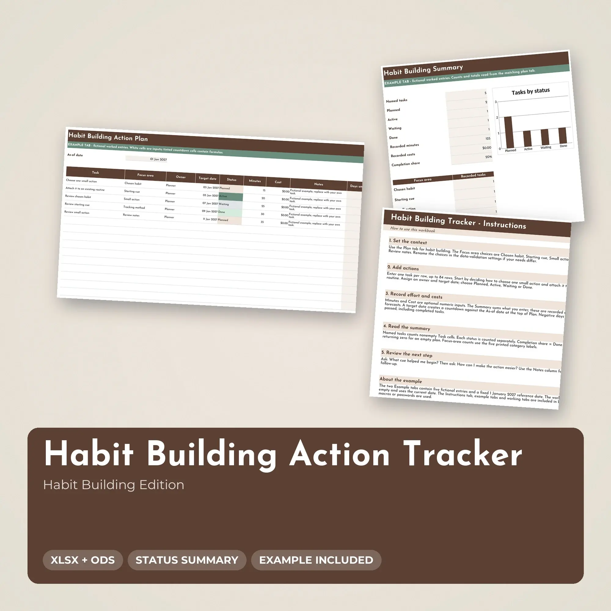 Habit Building Action Tracker Spreadsheet, XLSX + ODS preview