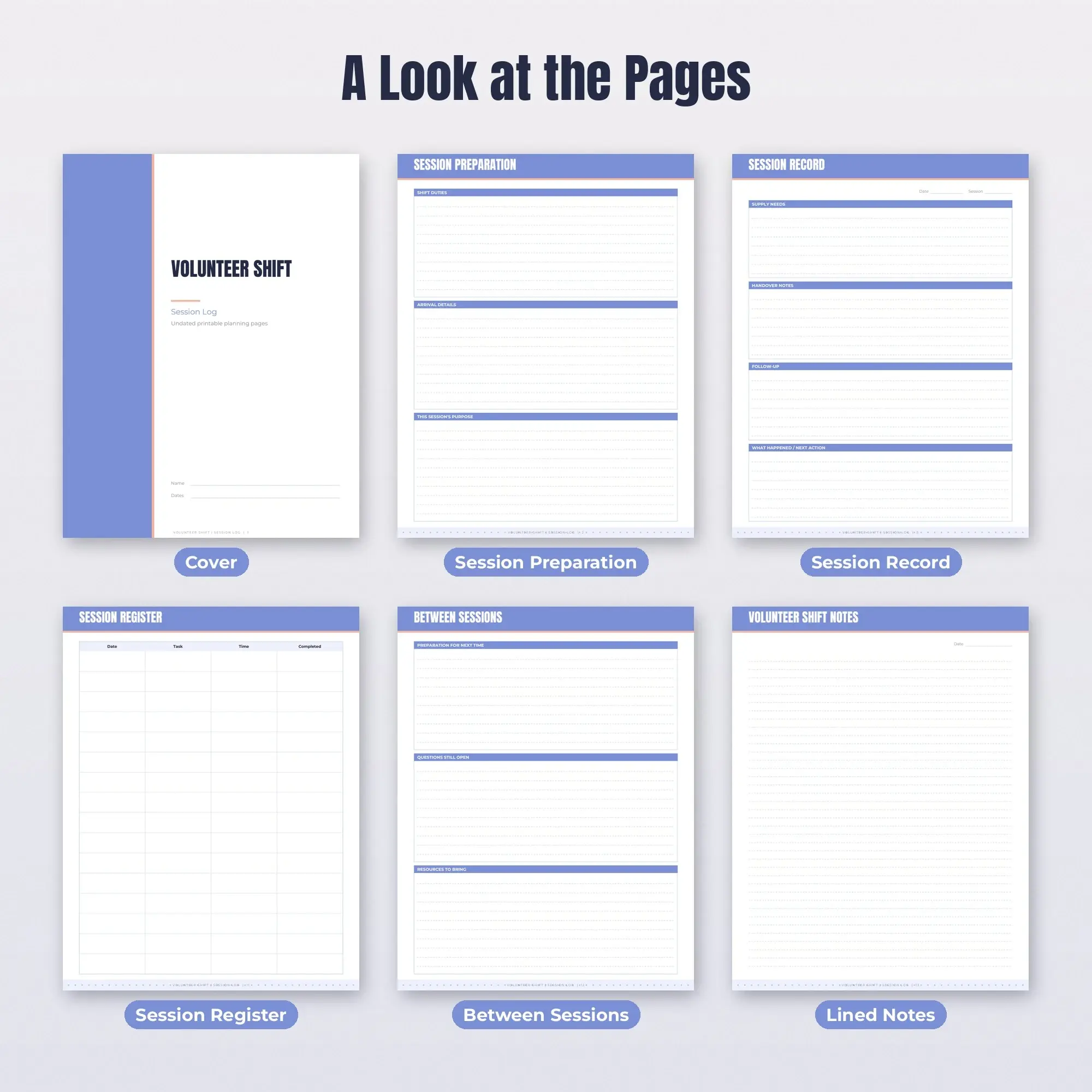 Volunteer Shift Session Log Planner PDF - Periwinkle, preview 2 of 2