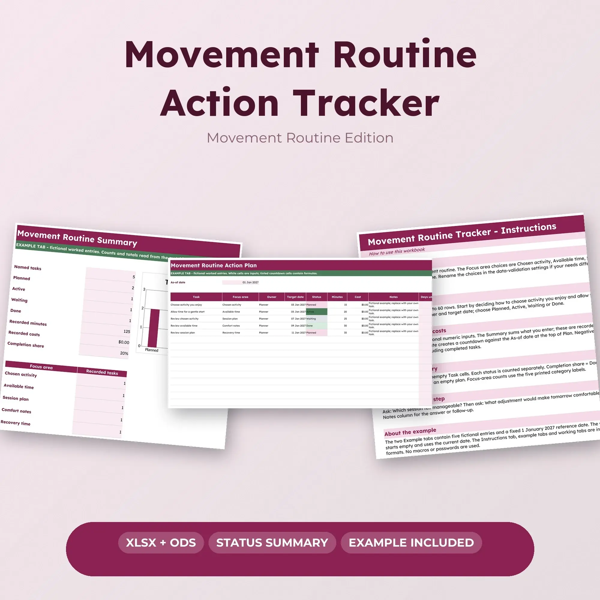 Movement Routine Action Tracker Spreadsheet, XLSX + ODS preview
