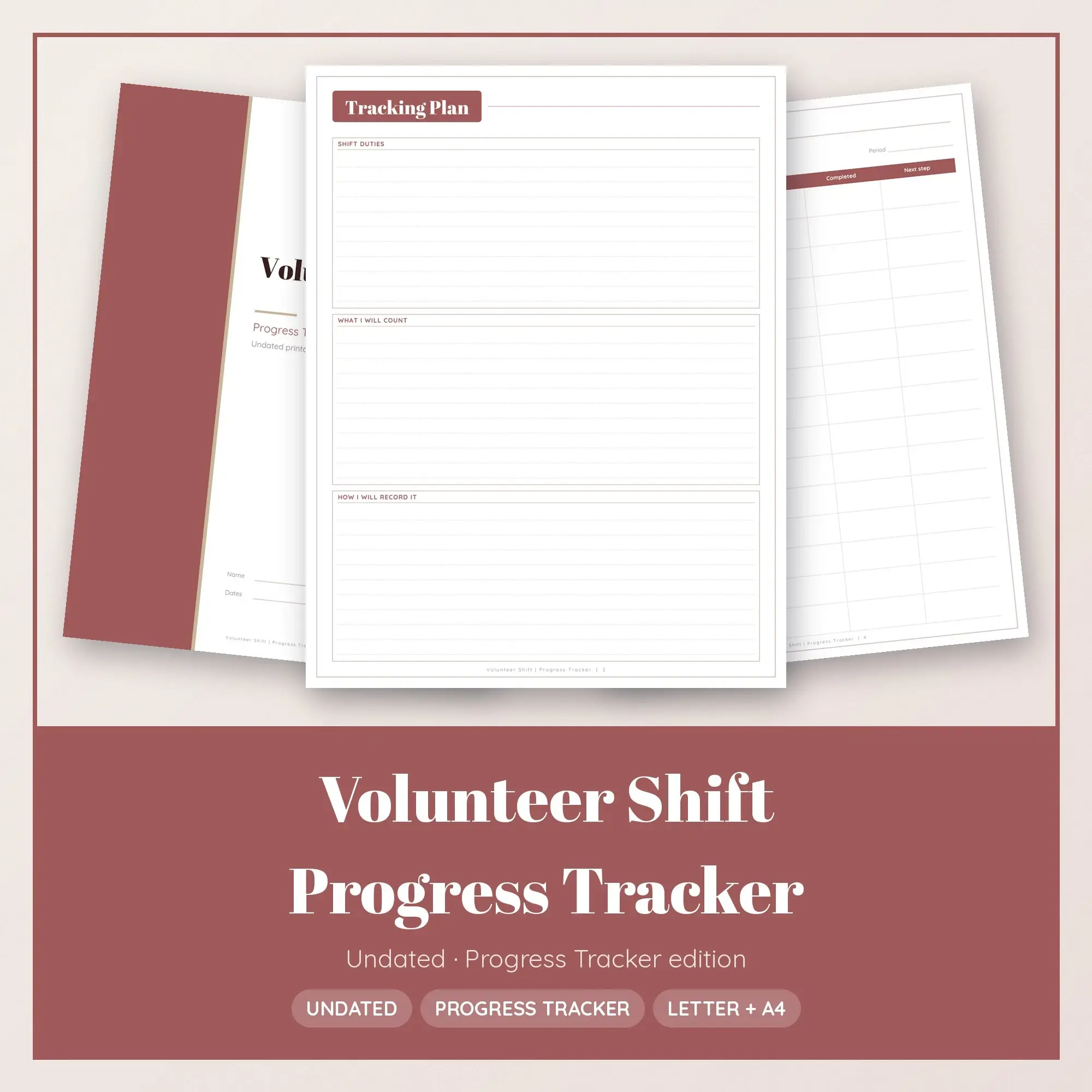 Volunteer Shift Progress Tracker Planner PDF - Rosewood preview