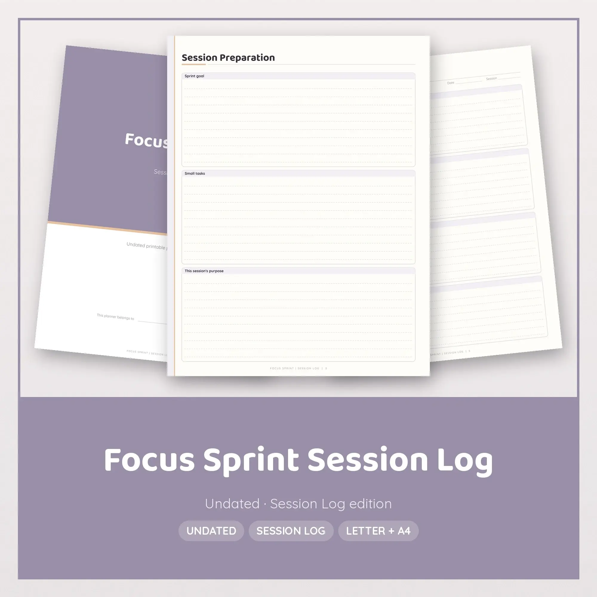 Focus Sprint Session Log Planner PDF - Lilac preview